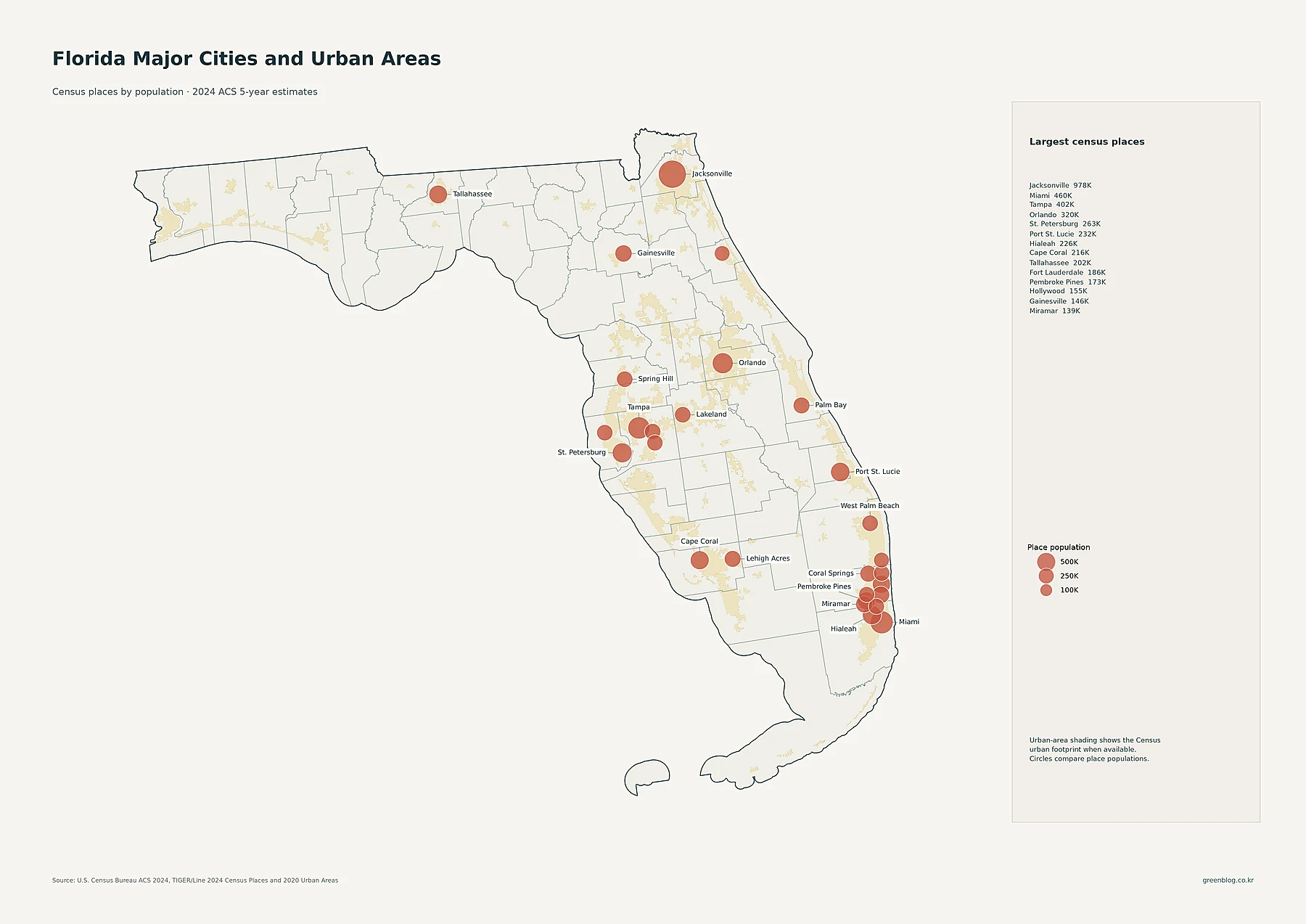 Florida major cities and urban areas population map using 2024 ACS estimates