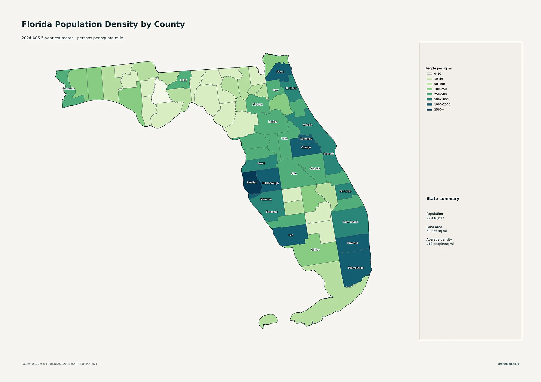 Florida 2024 population density by county map
