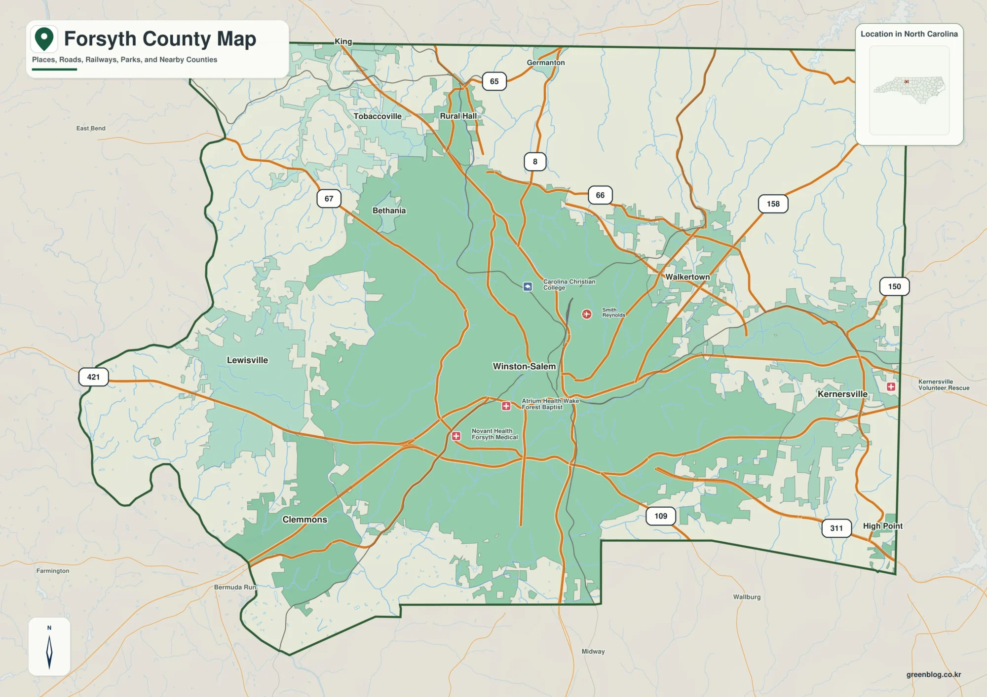 Forsyth County North Carolina map showing Winston-Salem and Yadkin River