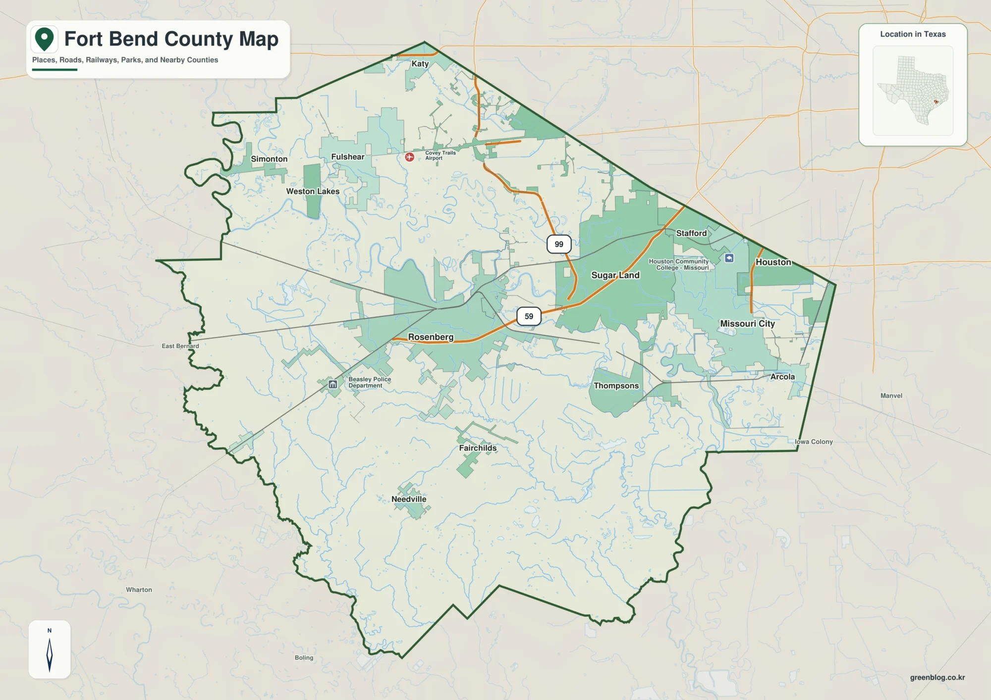Fort Bend County Texas map showing Richmond and selected communities
