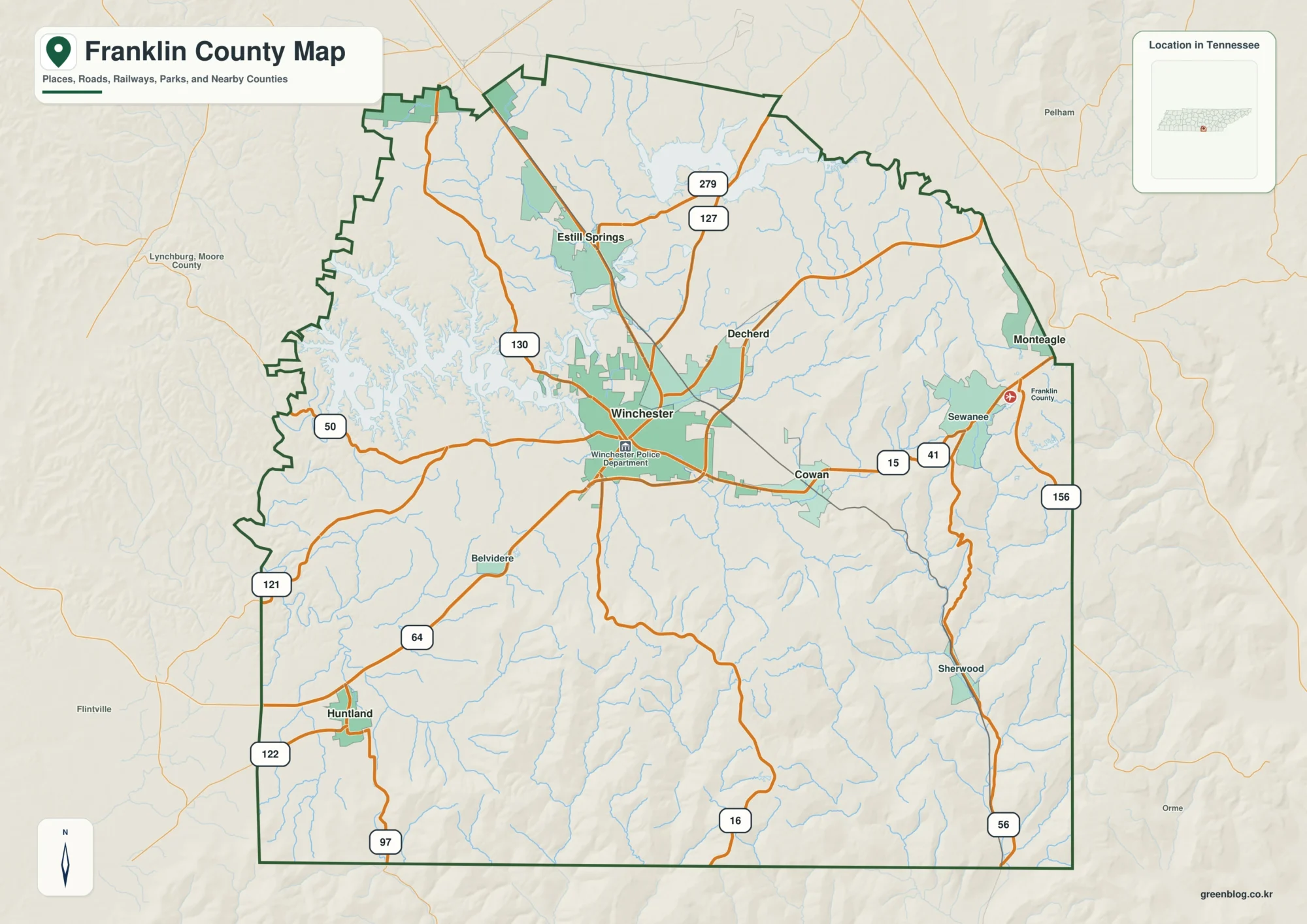 Franklin County Tennessee map showing Winchester, selected communities, roads, and natural features