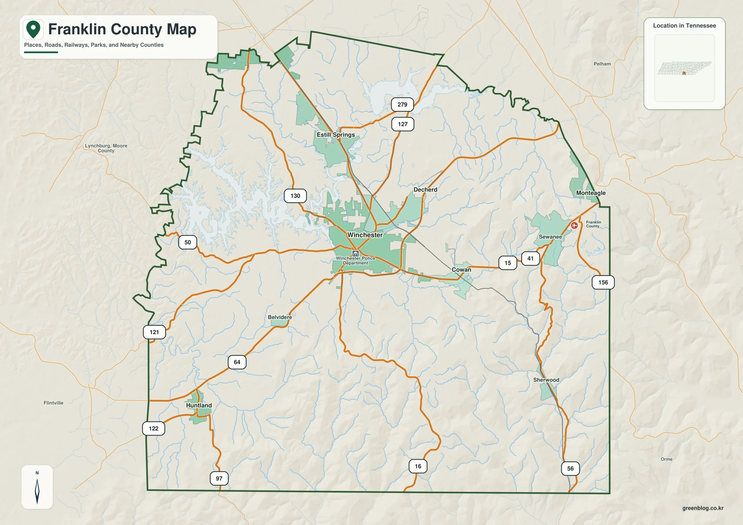 Franklin County Tennessee map showing Winchester, selected communities, roads, and natural features