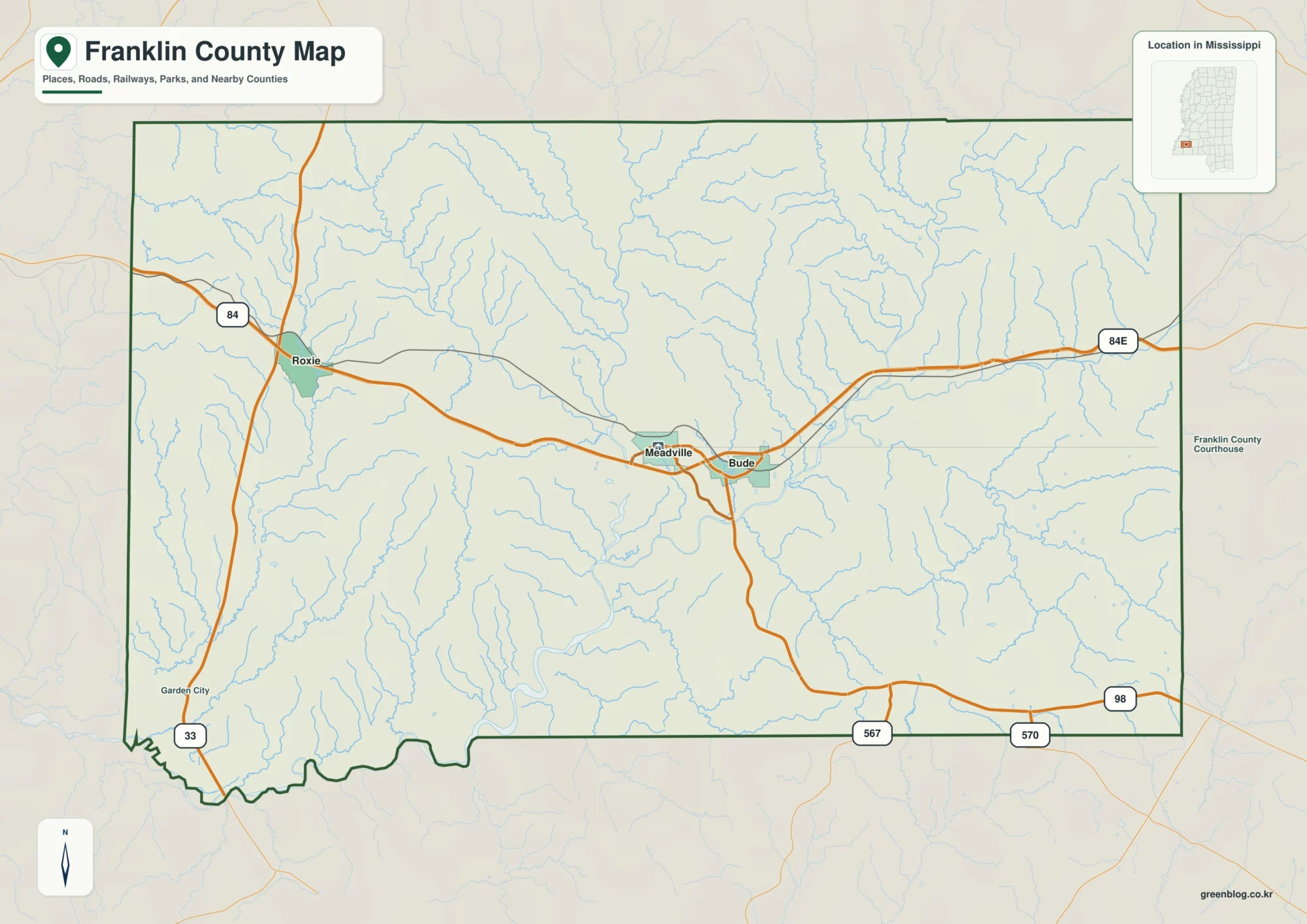 Franklin County Mississippi map showing Meadville, selected communities, roads, and natural features