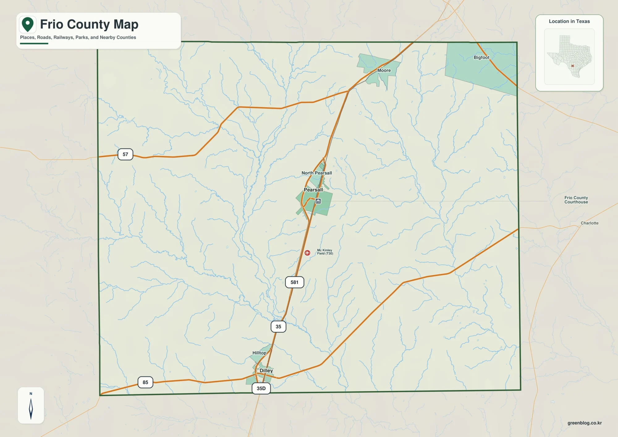 Frio County Texas map showing Pearsall and selected communities