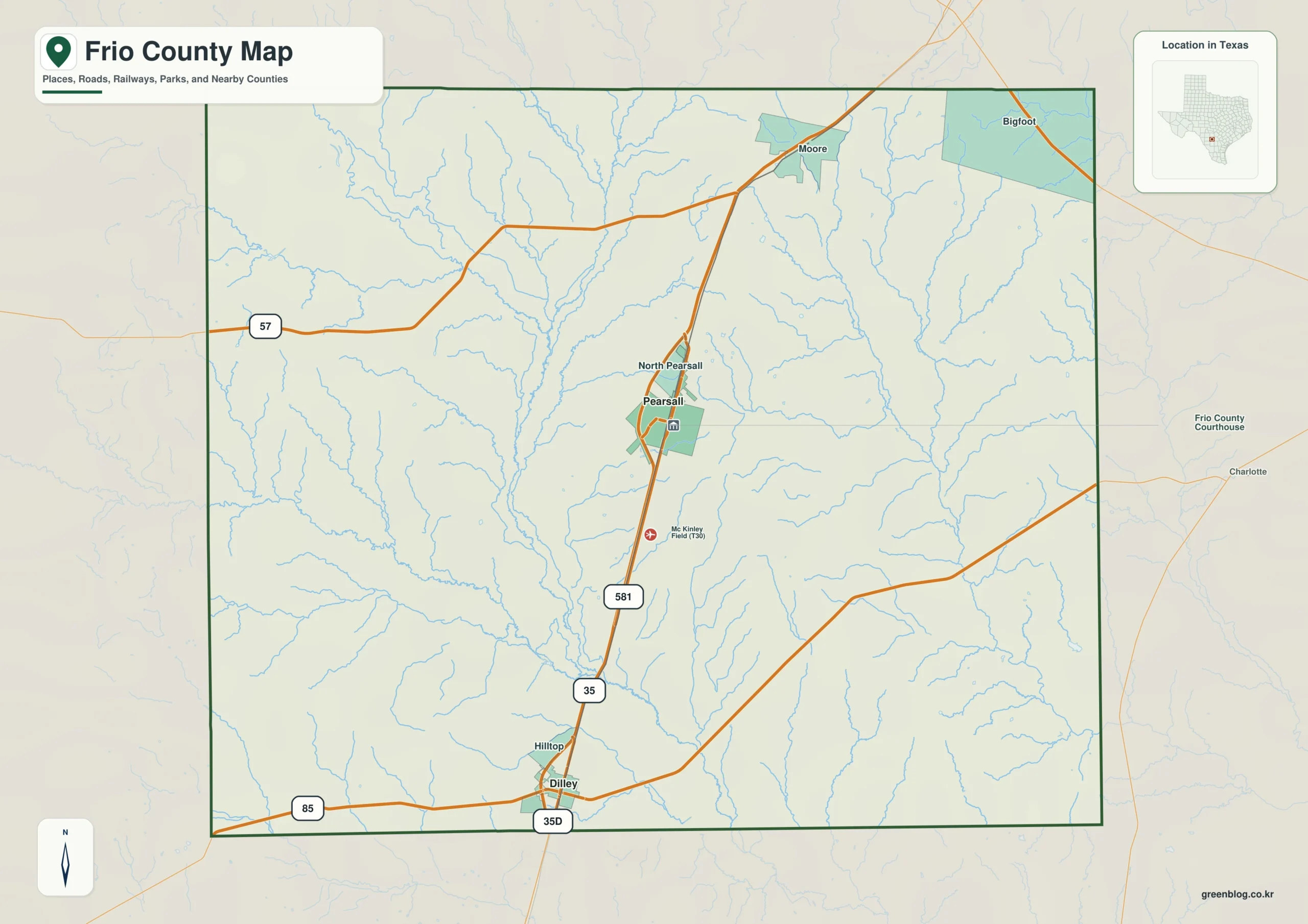 Frio County Texas map showing Pearsall and selected communities