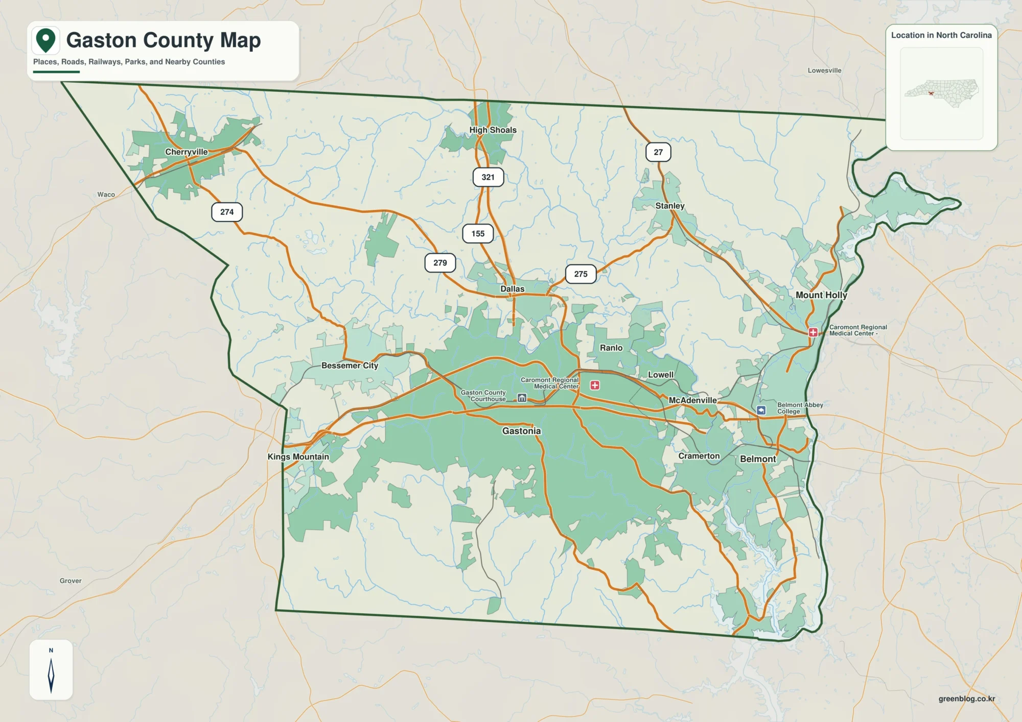 Gaston County North Carolina map showing Gastonia and Catawba River