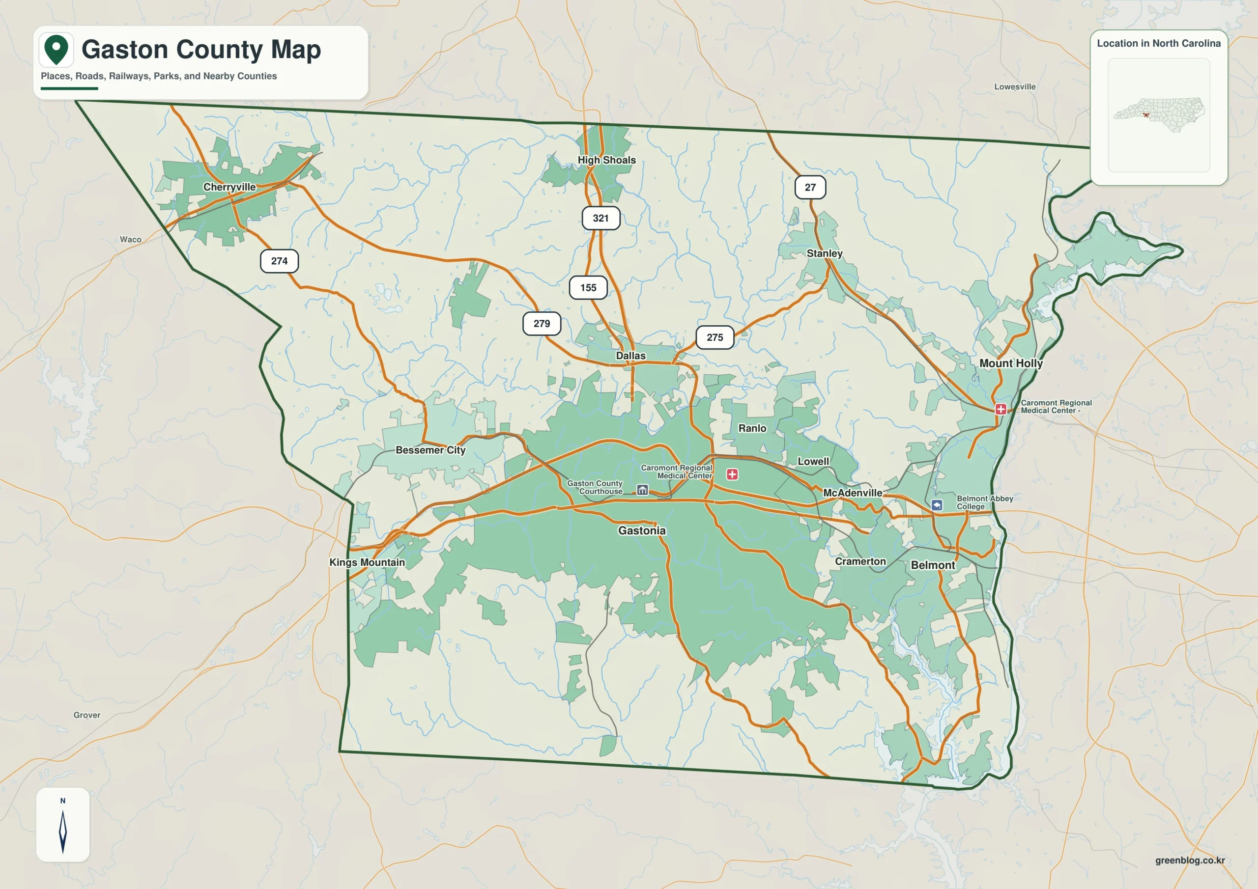 Gaston County North Carolina map showing Gastonia and Catawba River