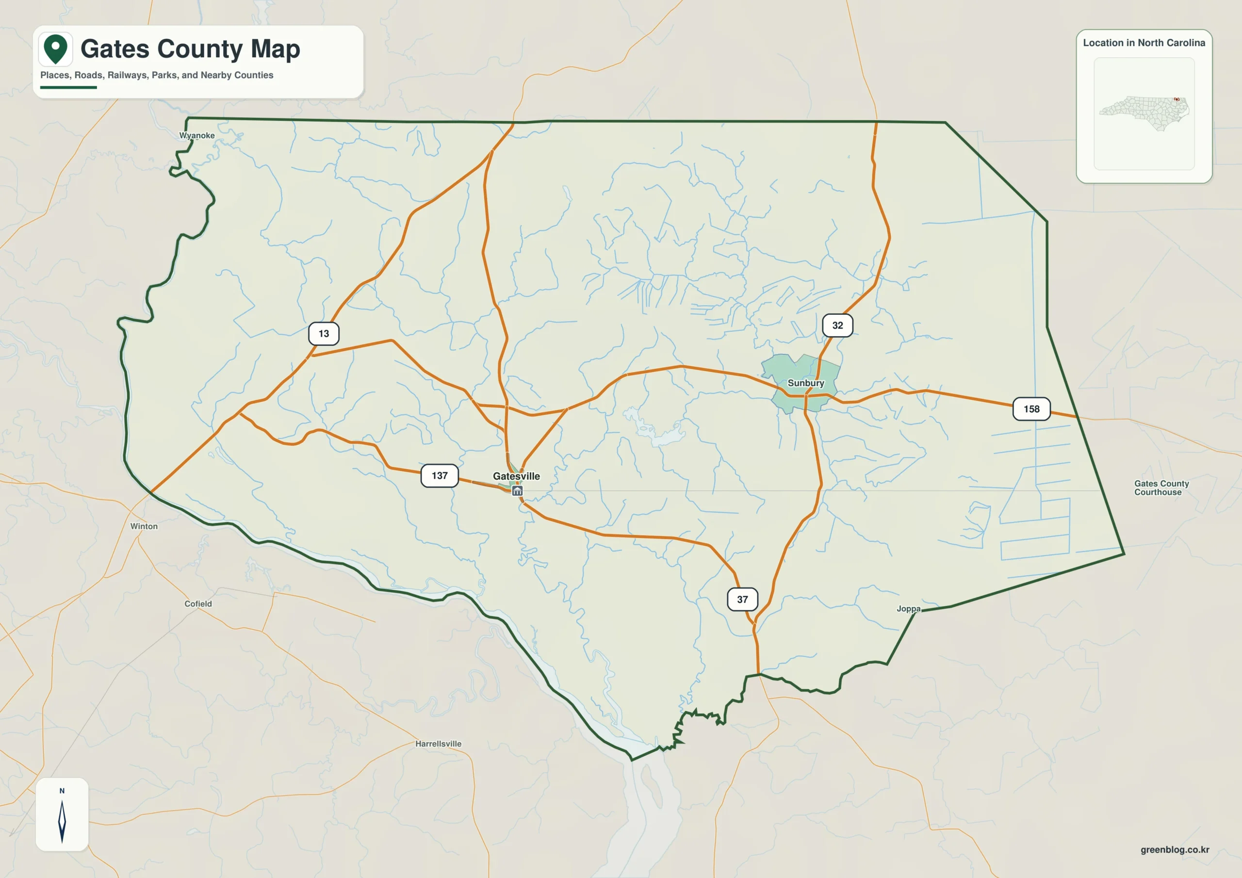 Gates County North Carolina map showing Gatesville and Chowan River