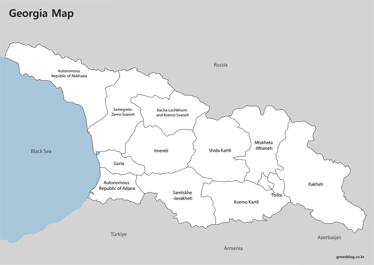 Black-and-white map of Georgia with administrative names, the Black Sea, Russia, Türkiye, Armenia, and Azerbaijan