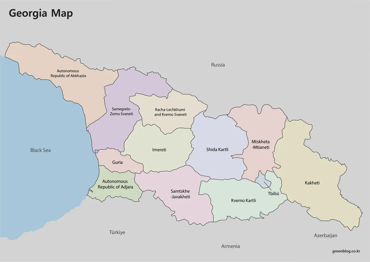 Georgia Map of the country with color-coded regions, Tbilisi, and the Black Sea