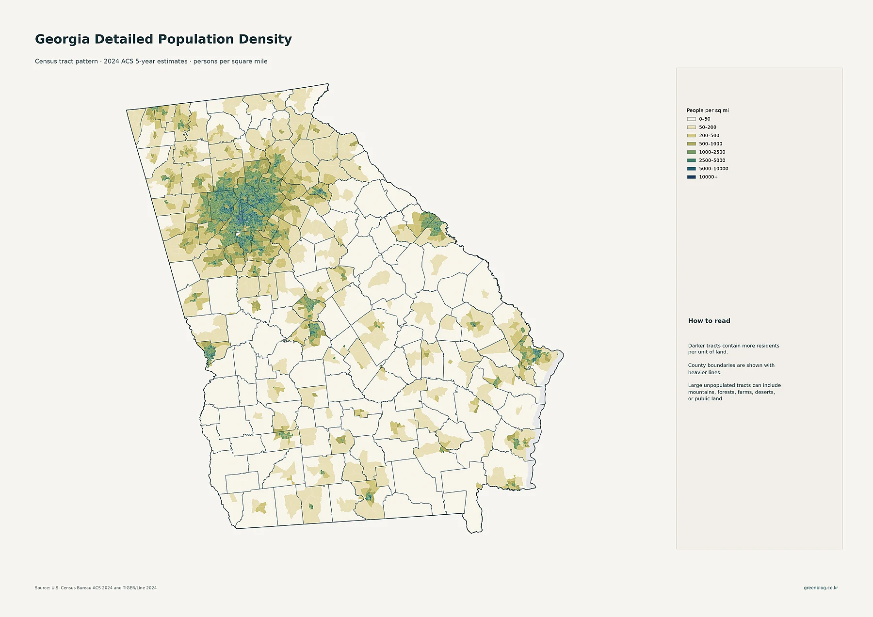 Georgia detailed population density by census tract using 2024 ACS estimates