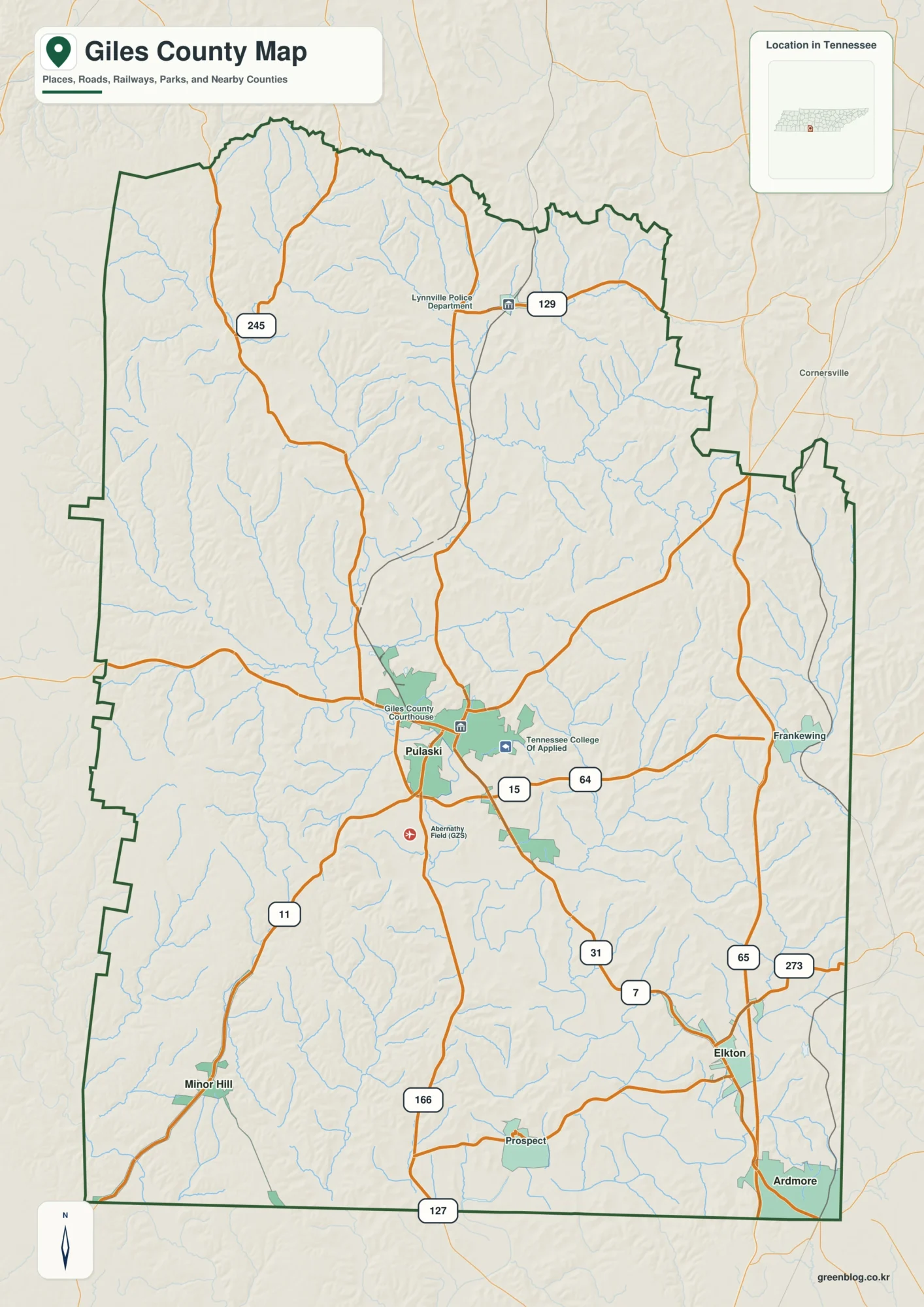 Giles County Tennessee map showing Pulaski, selected communities, roads, and natural features