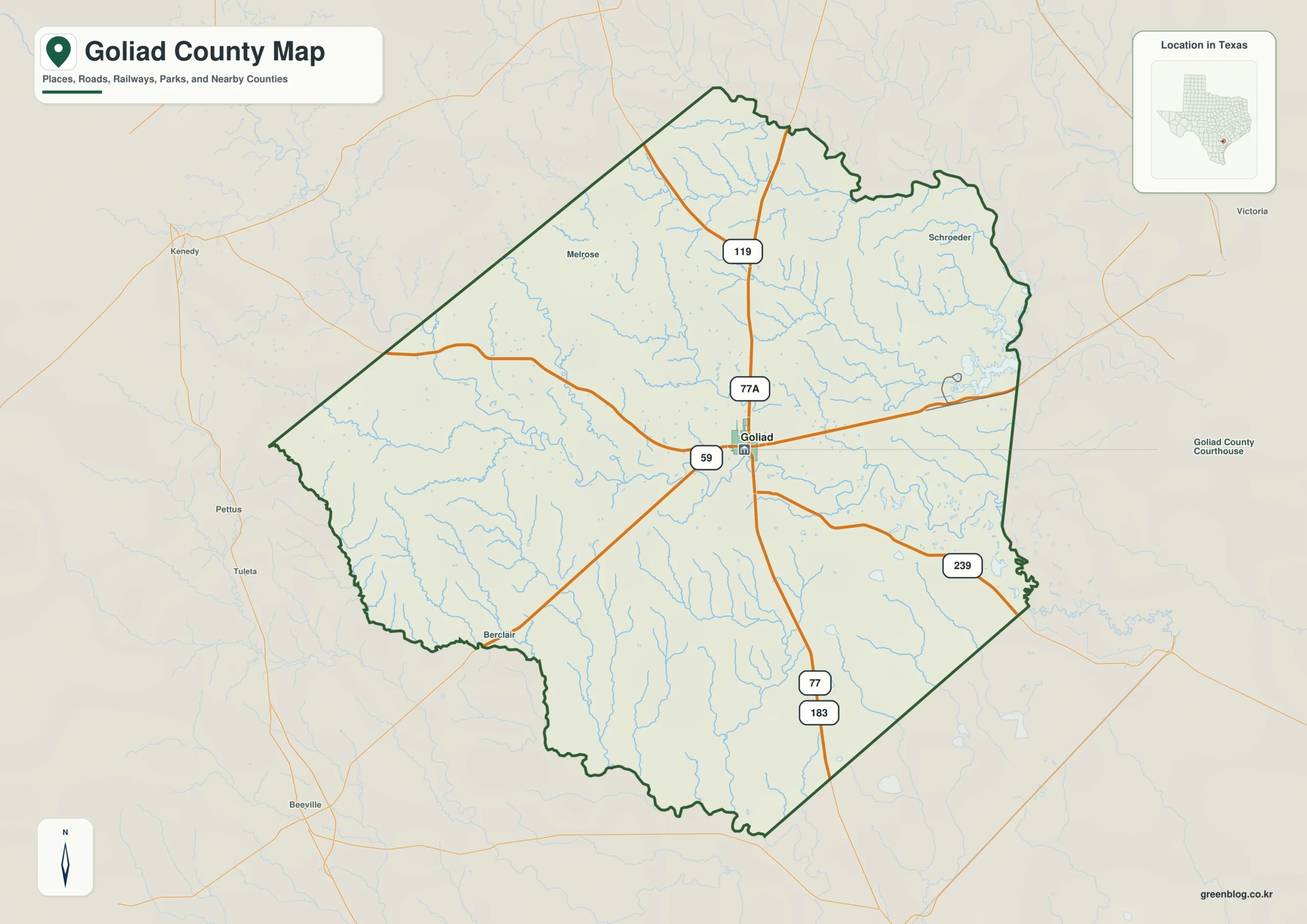 Goliad County Texas map showing Goliad and selected communities