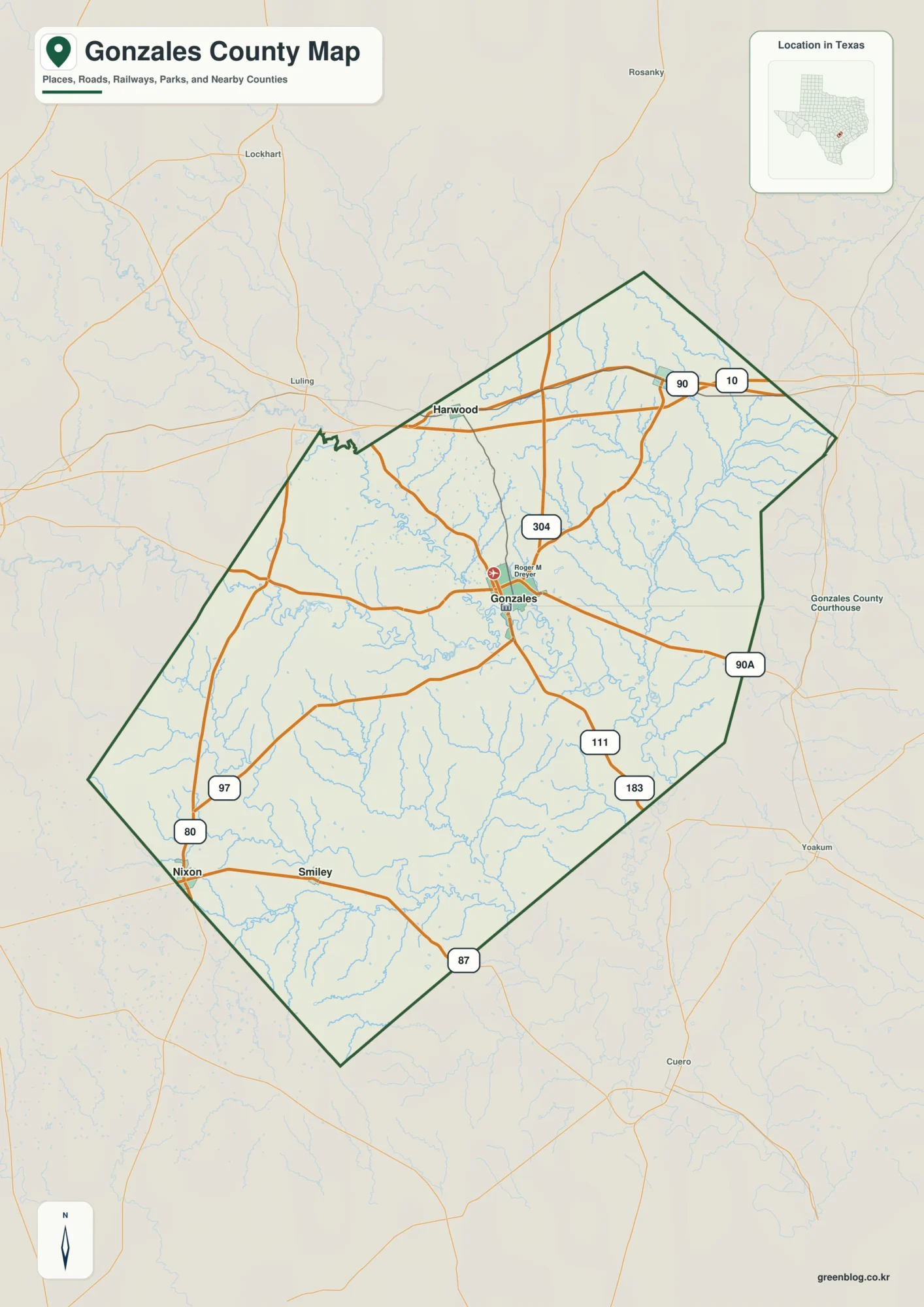 Gonzales County Texas map showing Gonzales and selected communities