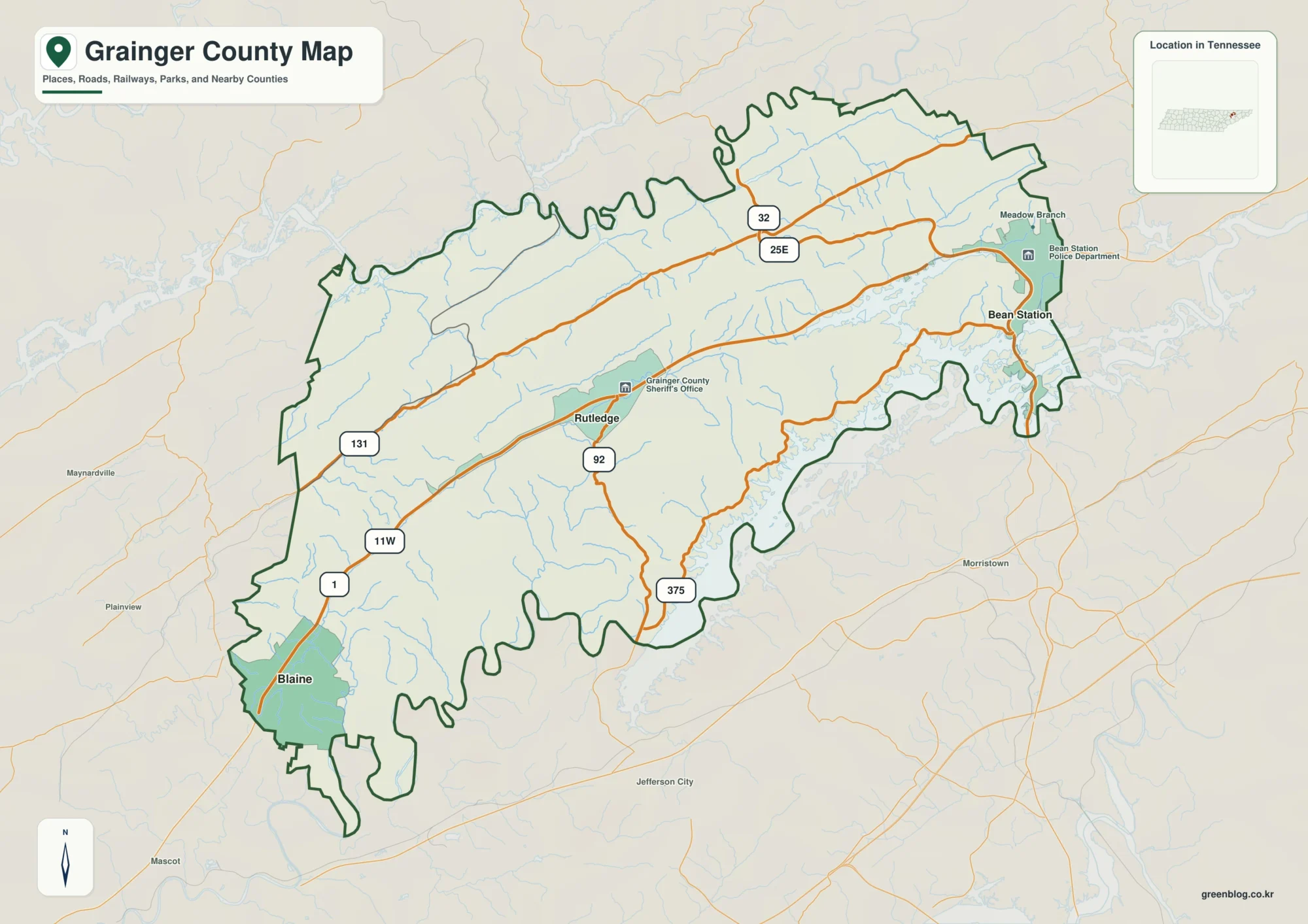 Grainger County Tennessee map showing Rutledge, selected communities, roads, and natural features