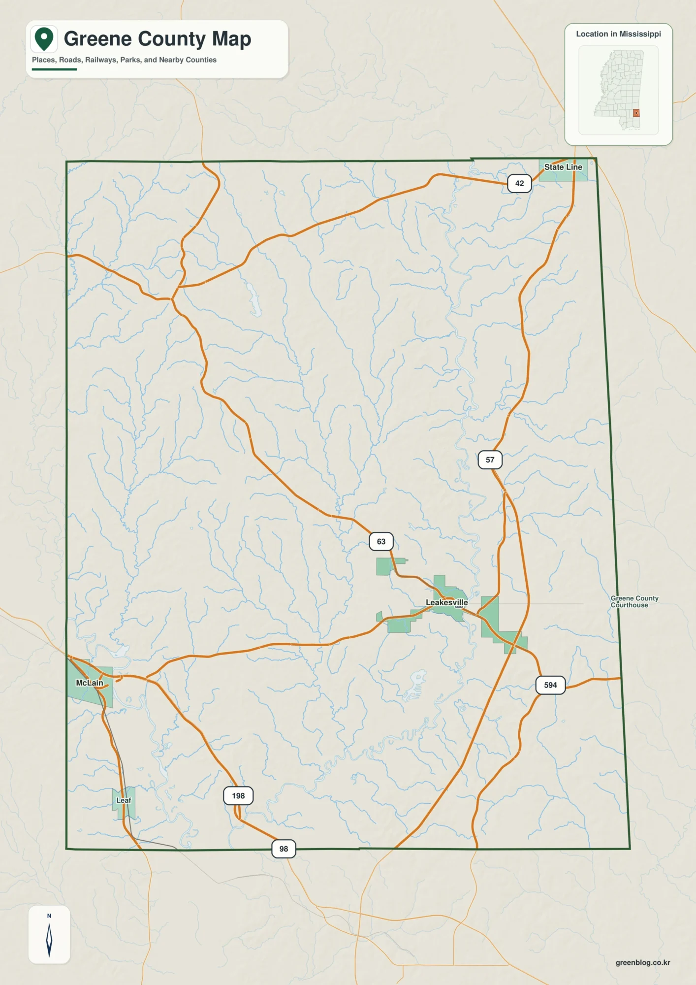 Greene County Mississippi map showing Leakesville, selected communities, roads, and landscape features