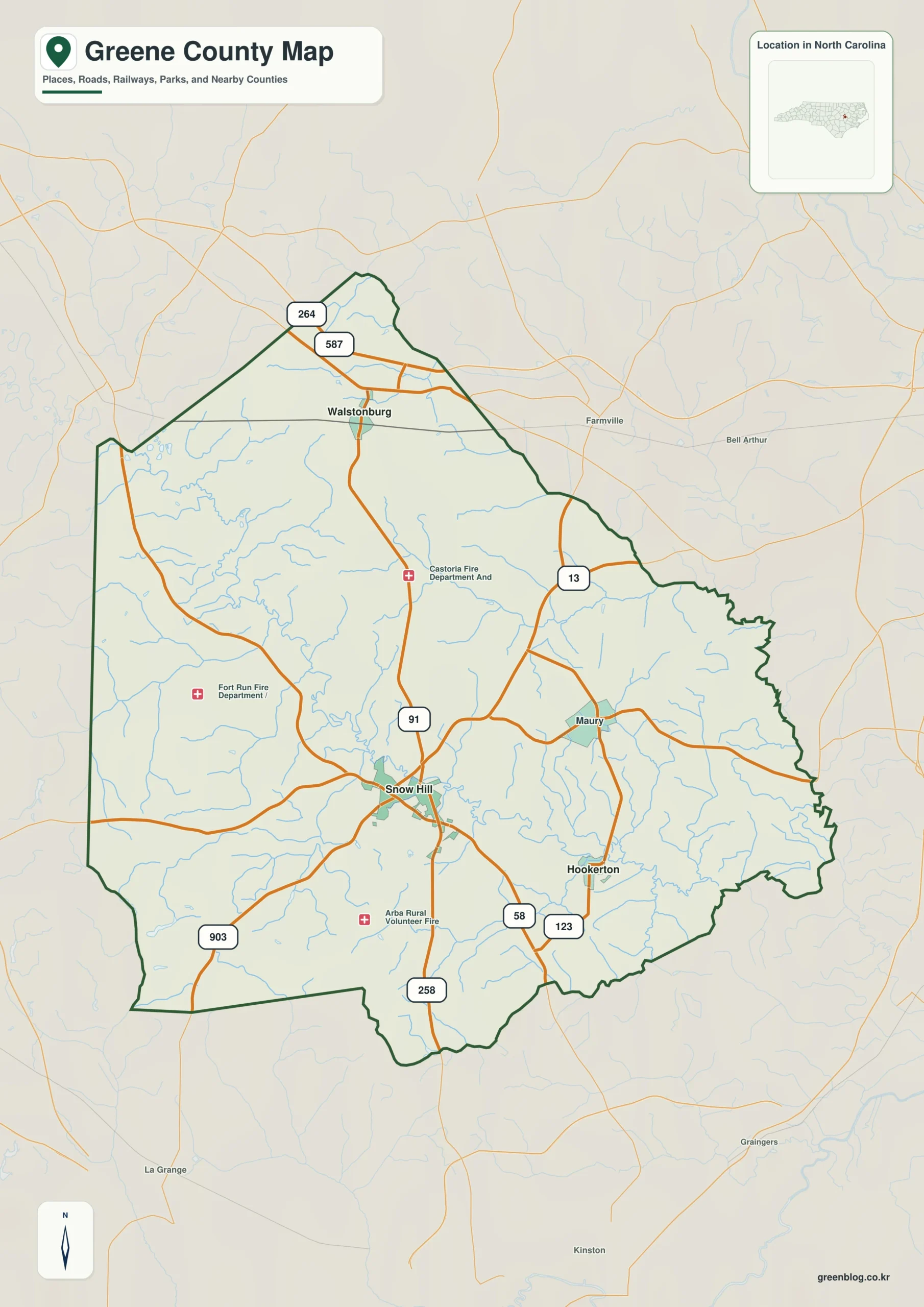 Greene County North Carolina map showing Snow Hill and Contentnea Creek