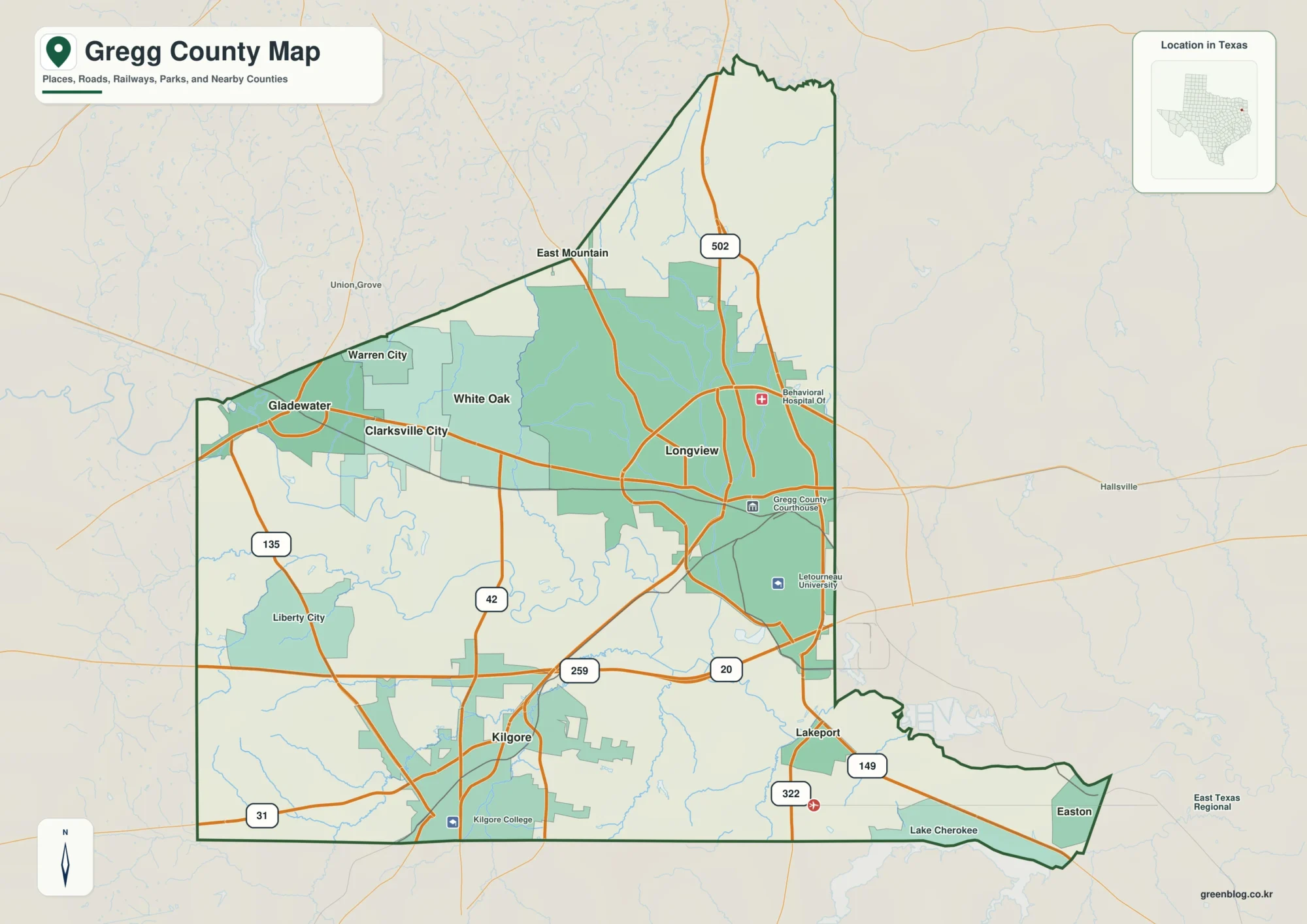 Gregg County Texas map showing Longview and selected communities