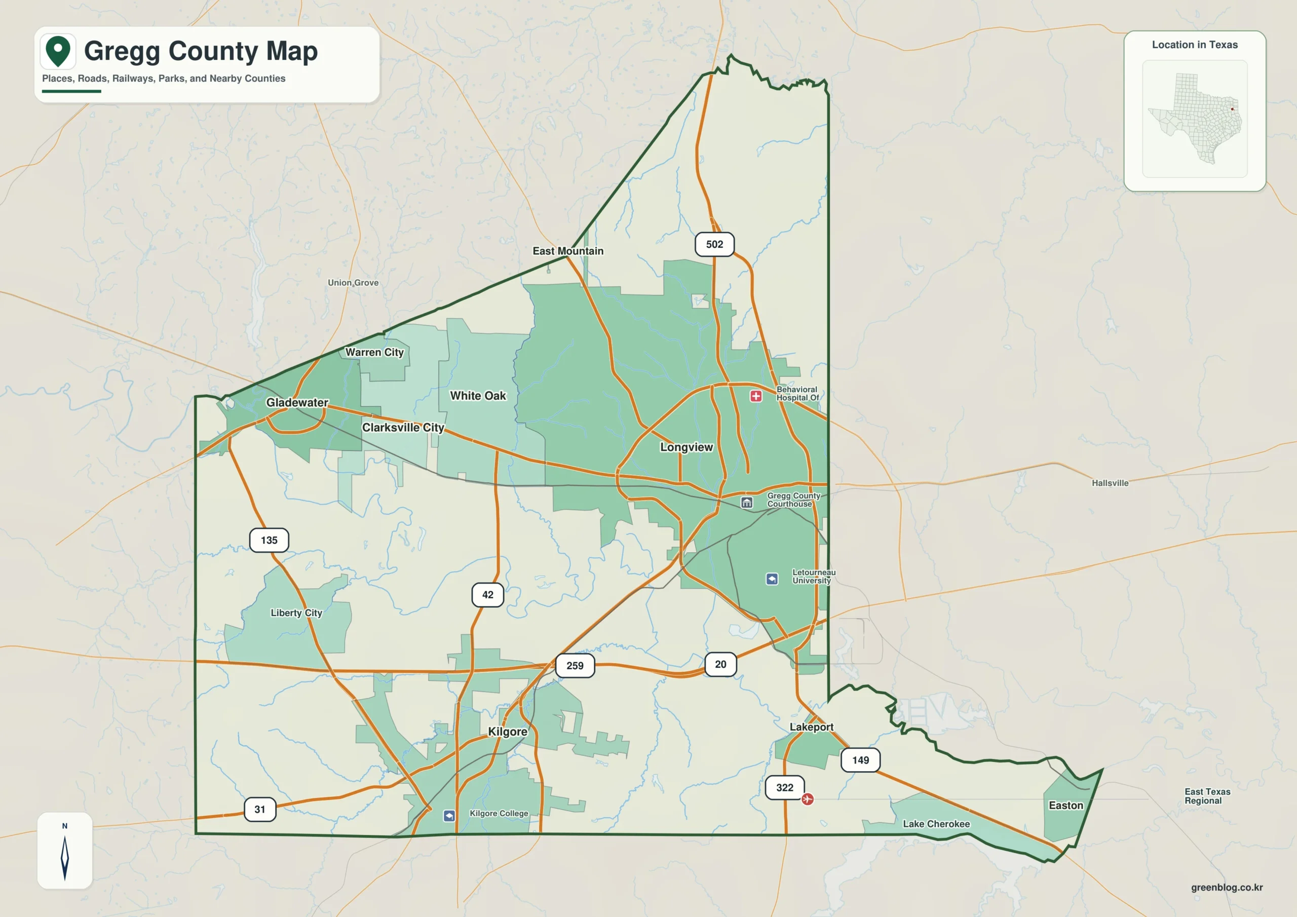 Gregg County Texas map showing Longview and selected communities