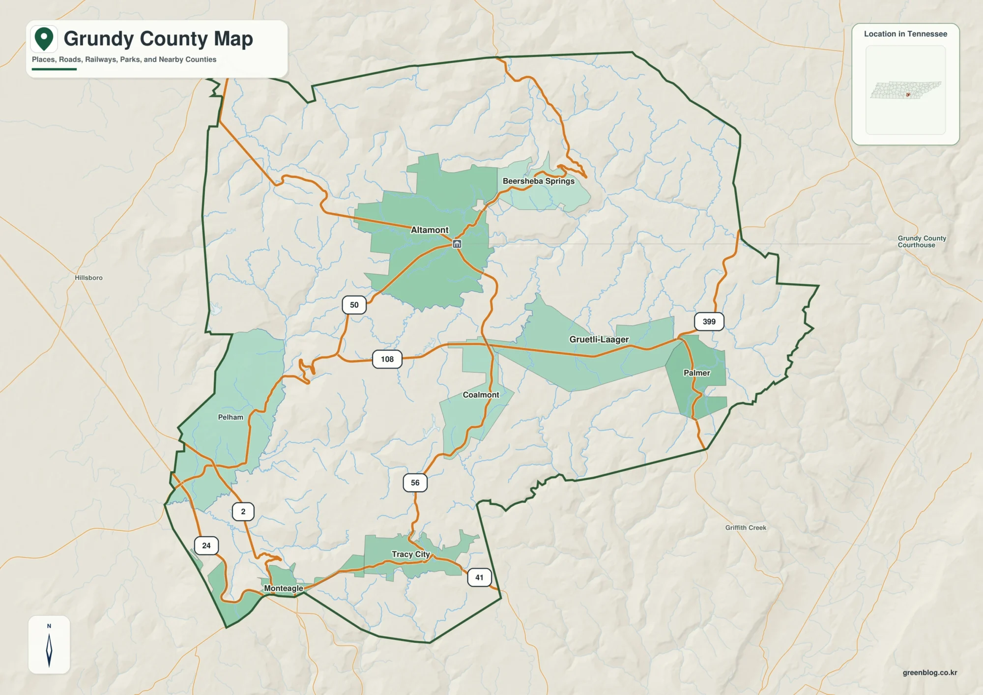 Grundy County Tennessee map showing Altamont, selected communities, roads, and natural features