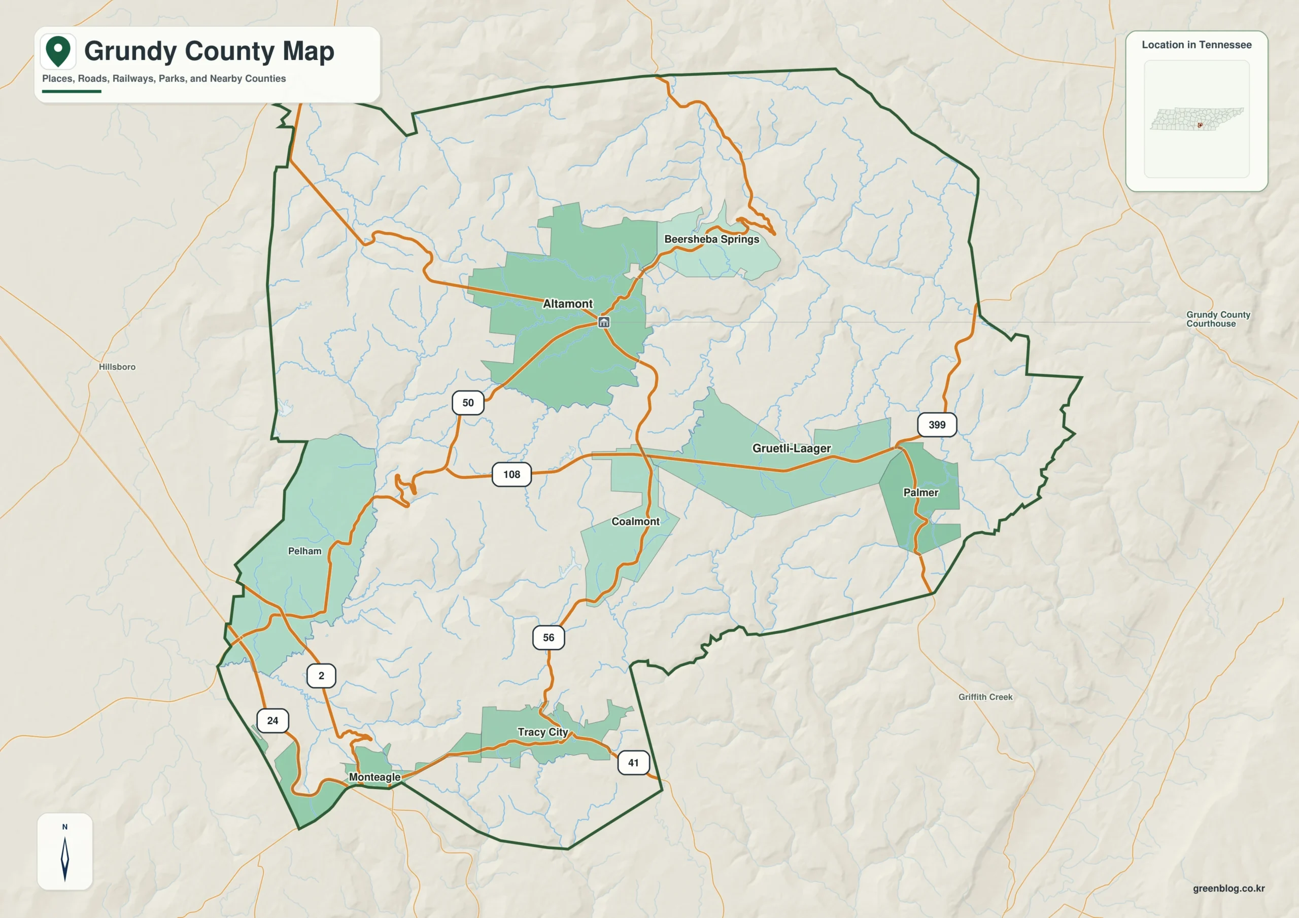 Grundy County Tennessee map showing Altamont, selected communities, roads, and natural features
