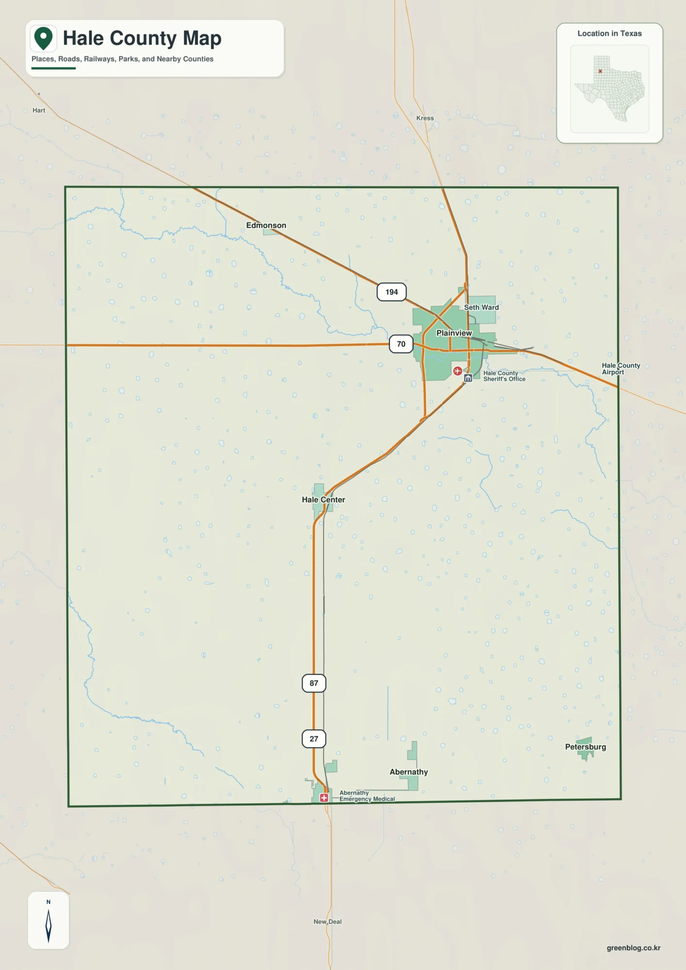 Hale County Texas map showing Plainview and selected communities