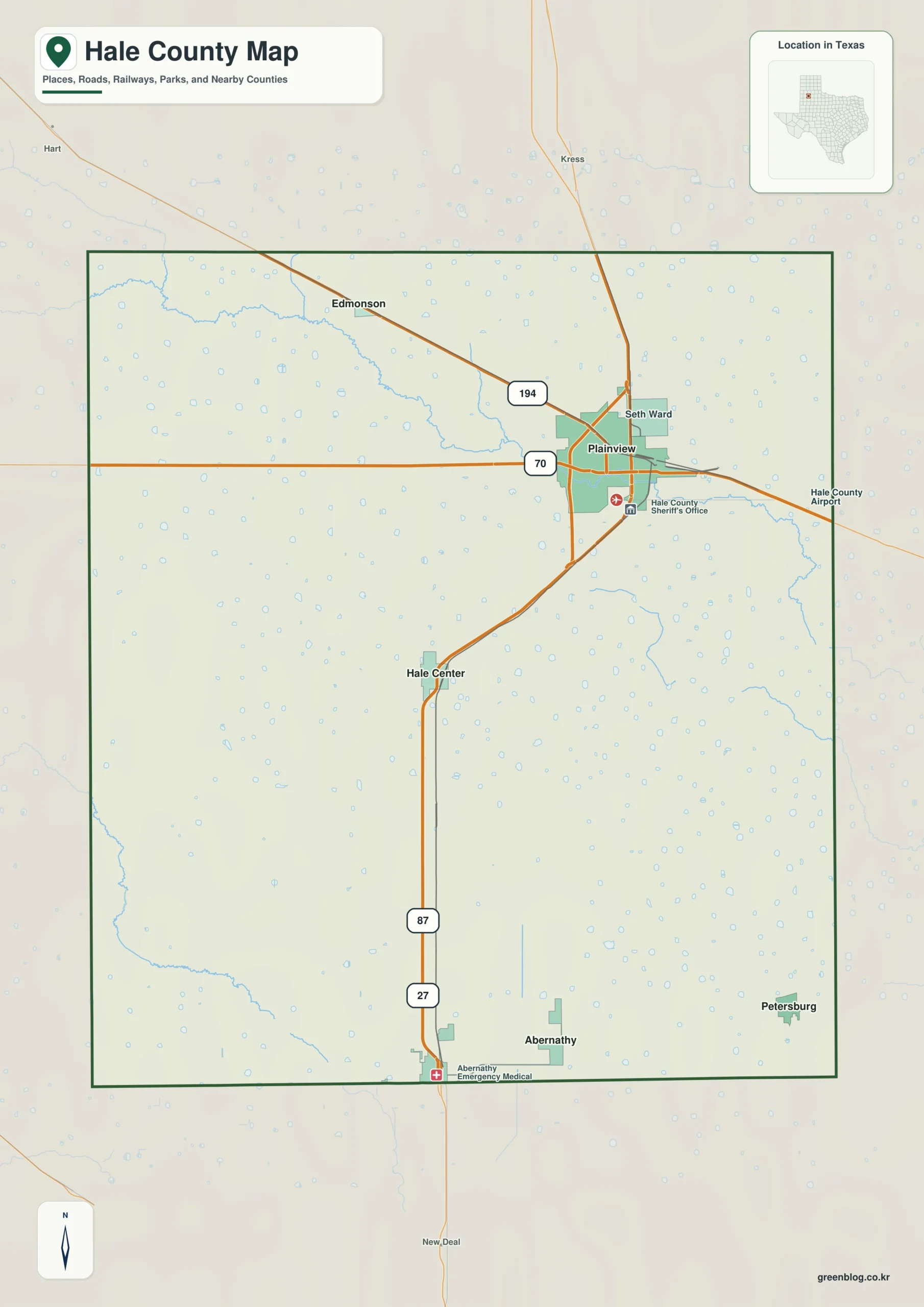 Hale County Texas map showing Plainview and selected communities
