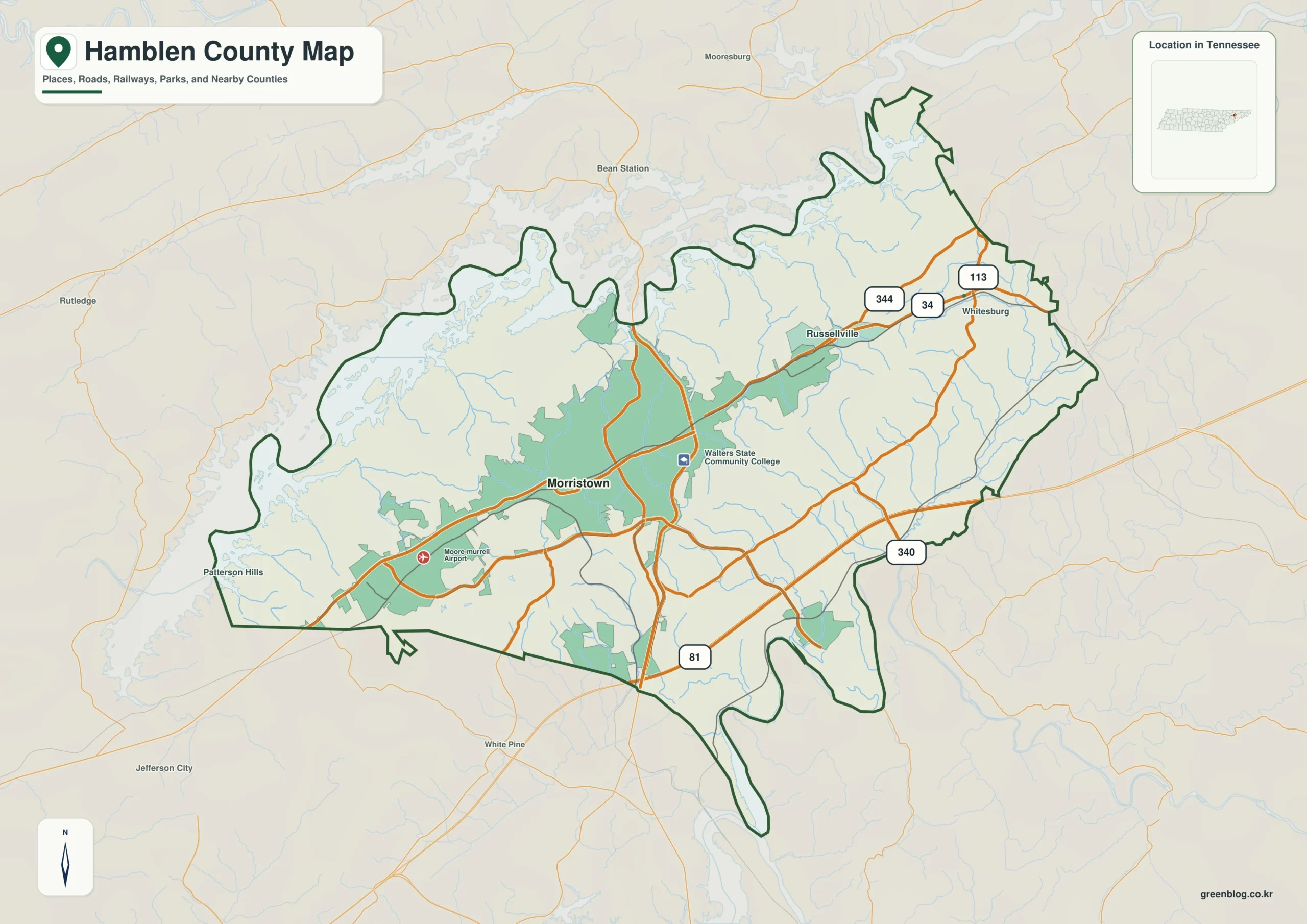 Hamblen County Tennessee map showing Morristown, selected communities, roads, and natural features