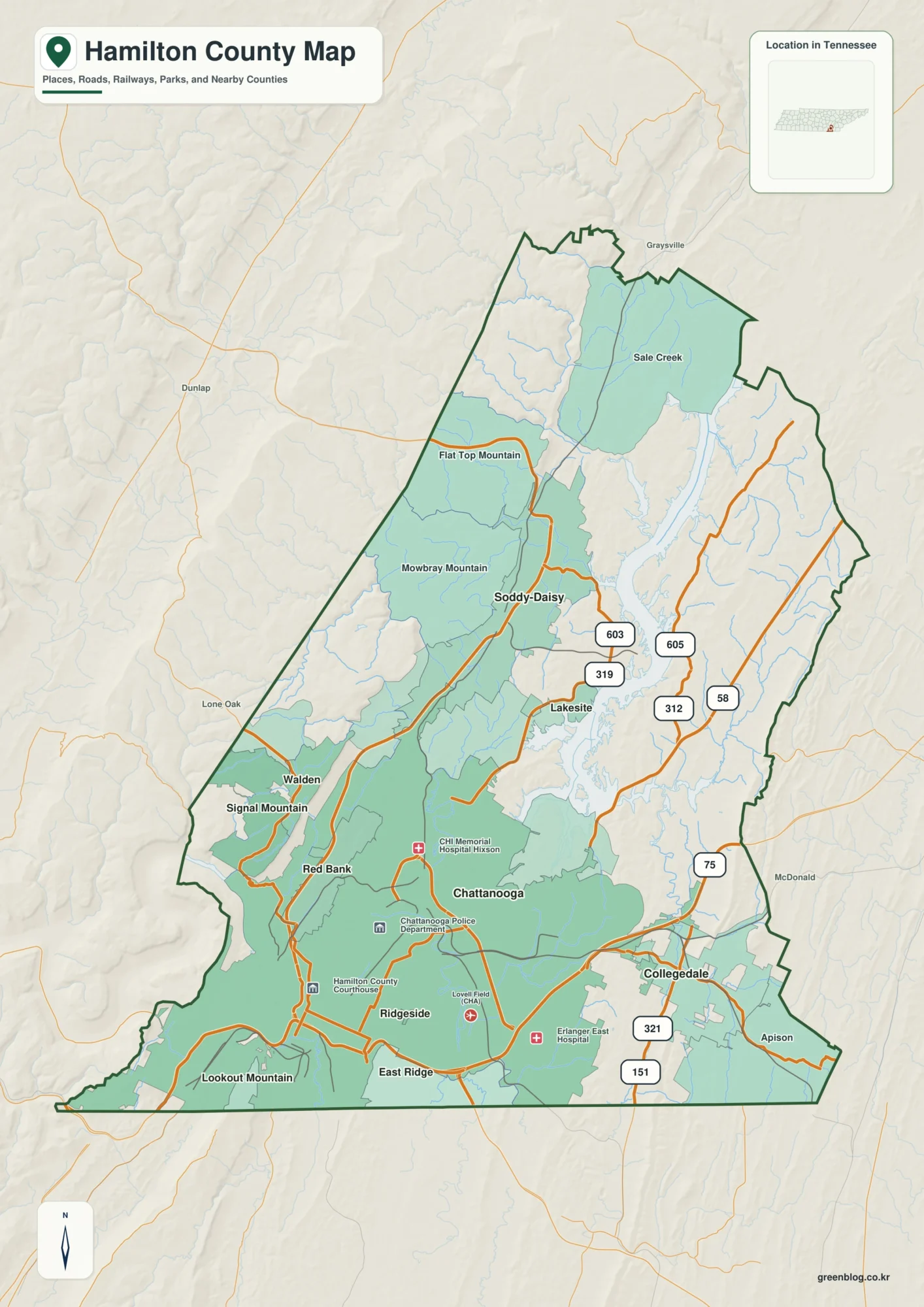 Hamilton County Tennessee map showing Chattanooga, selected communities, roads, and natural features
