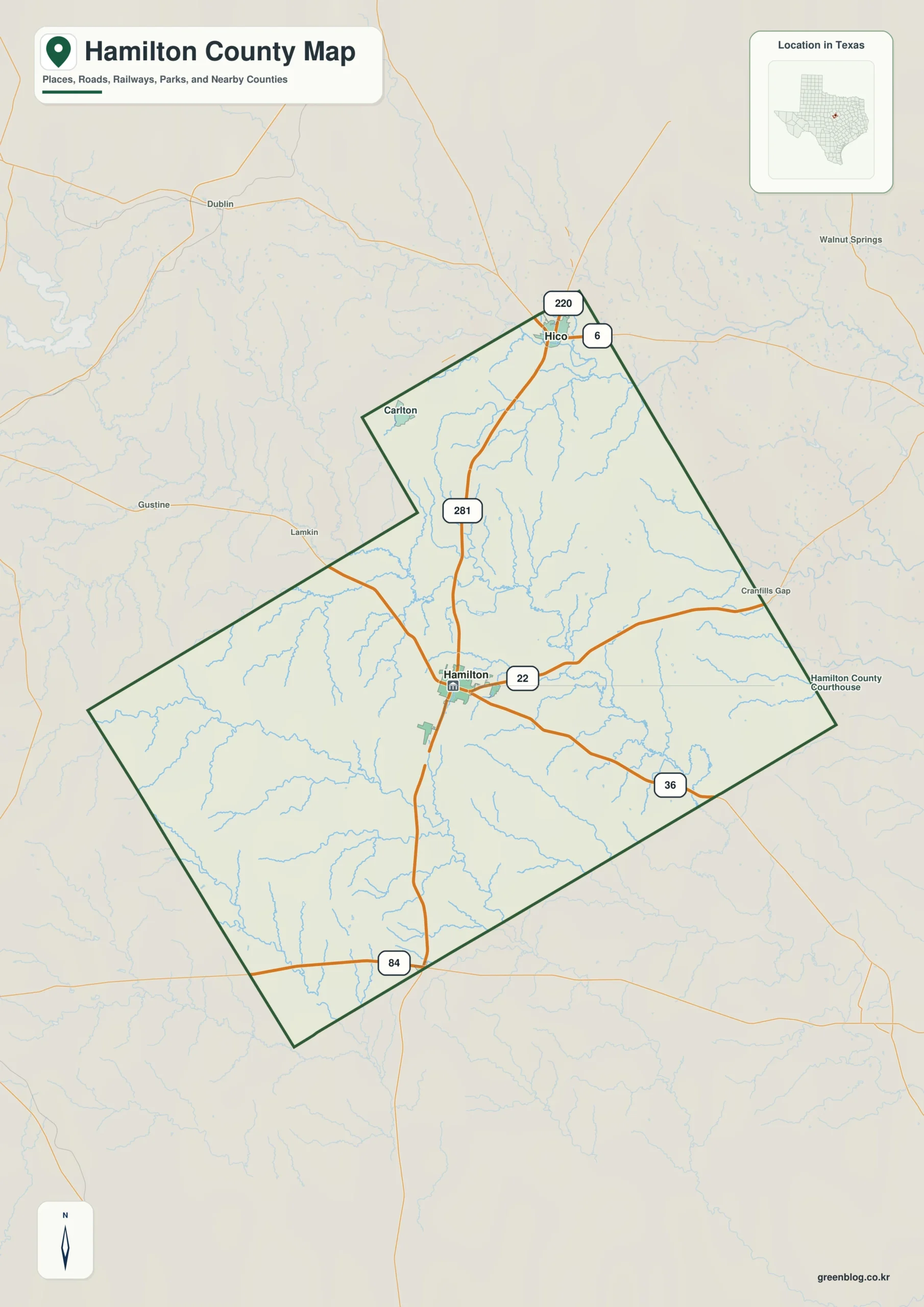 Hamilton County Texas map showing Hamilton and selected communities