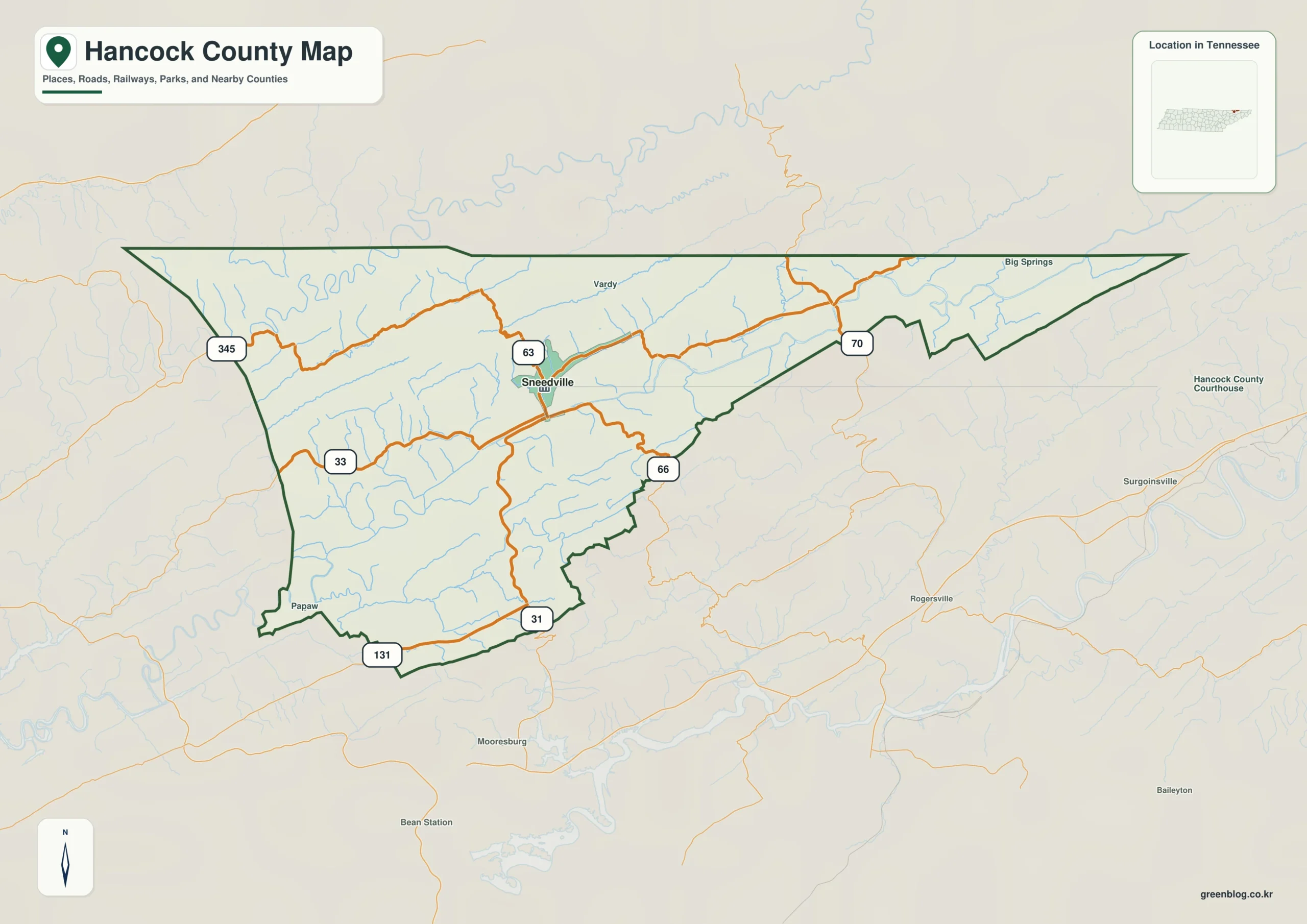 Hancock County Tennessee map showing Sneedville, selected communities, roads, and natural features