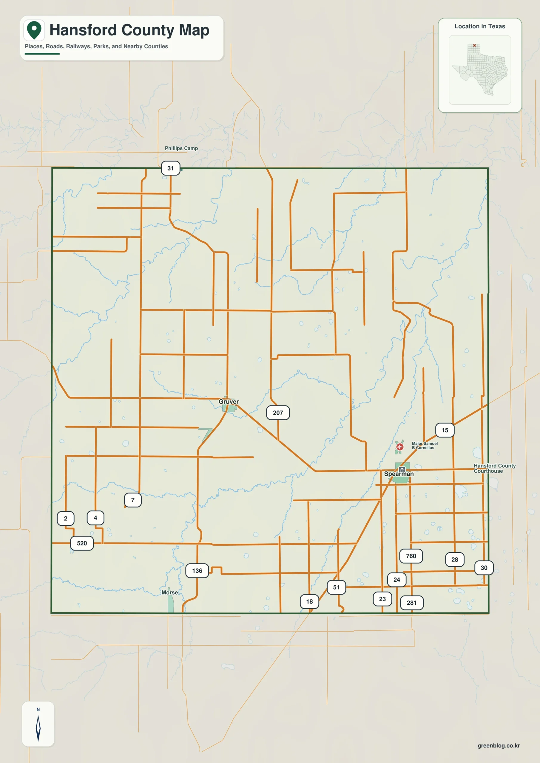 Hansford County Texas map showing Spearman and selected communities