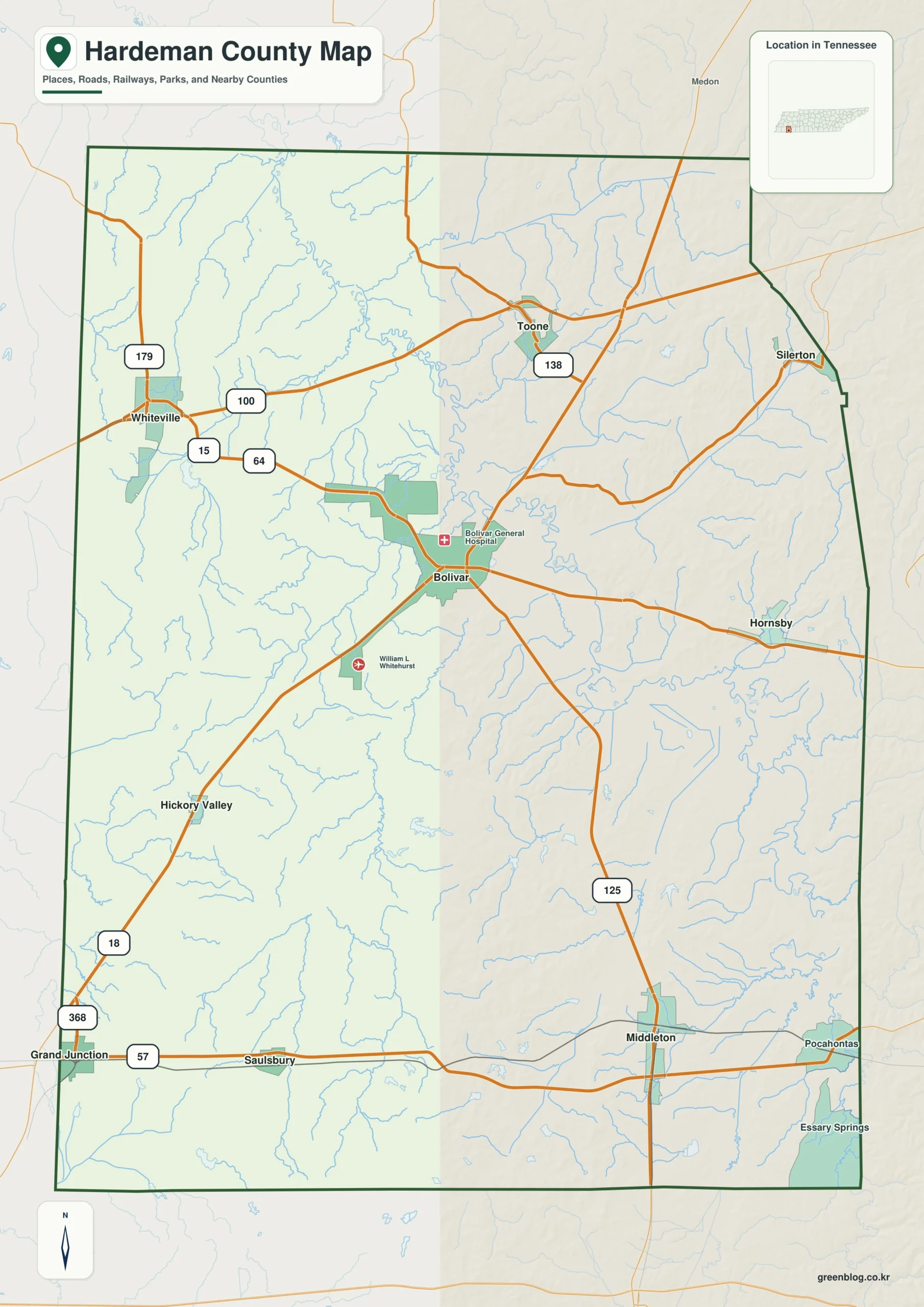 Hardeman County Tennessee map showing Bolivar, selected communities, roads, and natural features