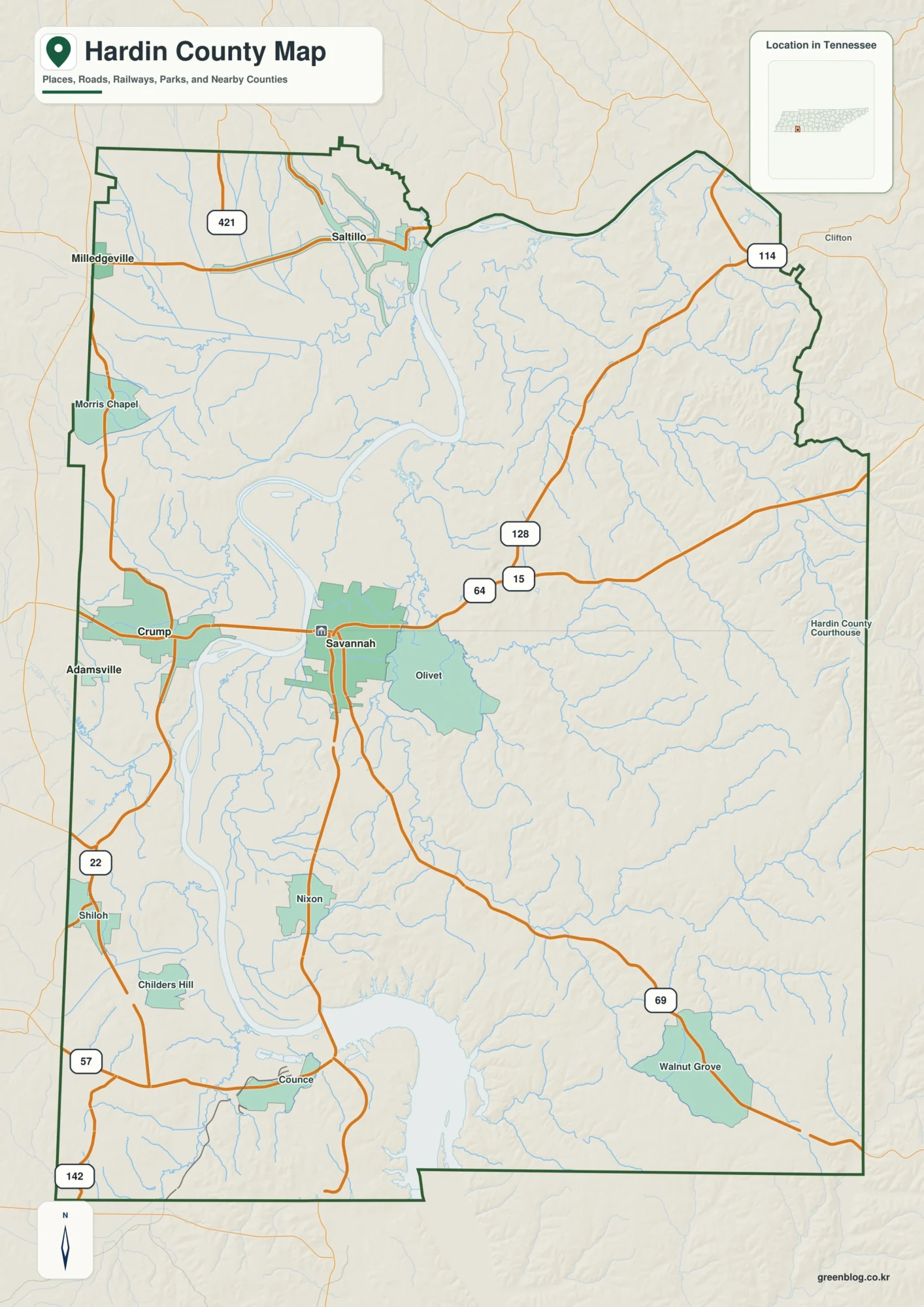 Hardin County Tennessee map showing Savannah, selected communities, roads, and natural features