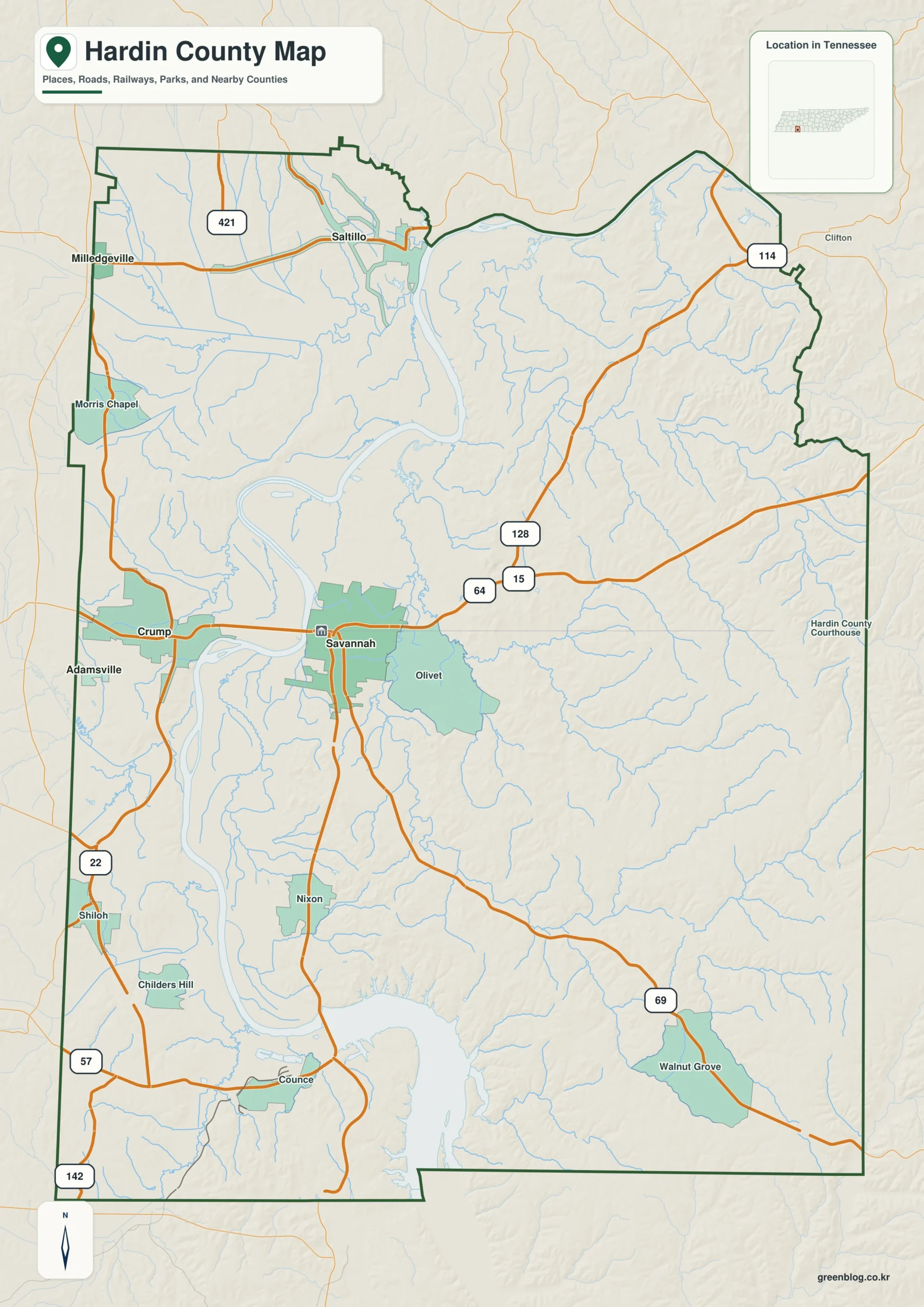Hardin County Tennessee map showing Savannah, selected communities, roads, and natural features