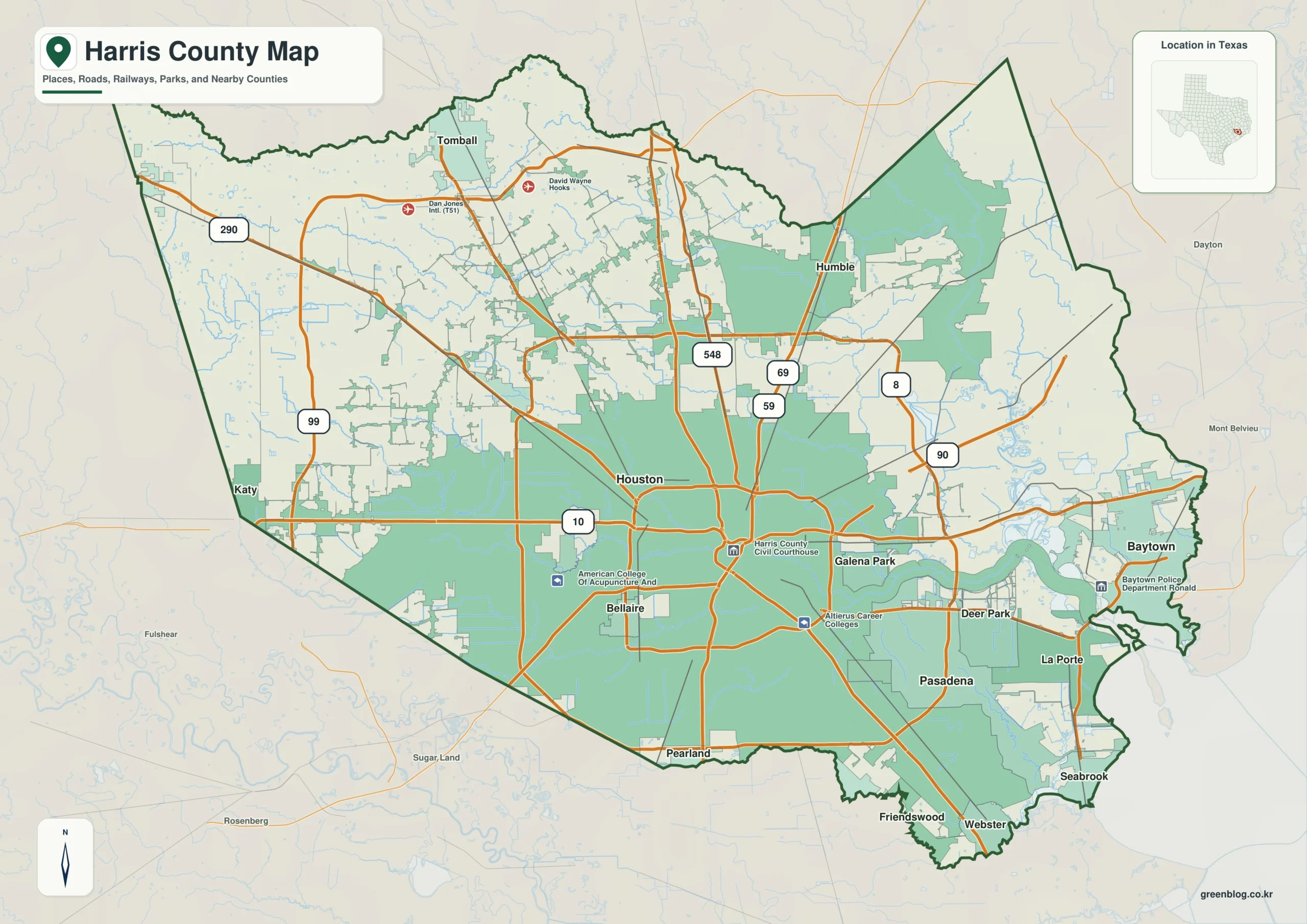 Harris County Texas map showing Houston and selected communities