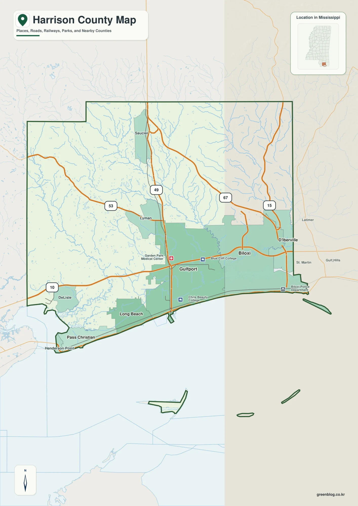 Harrison County Mississippi map showing Gulfport and Biloxi, selected communities, roads, and landscape features