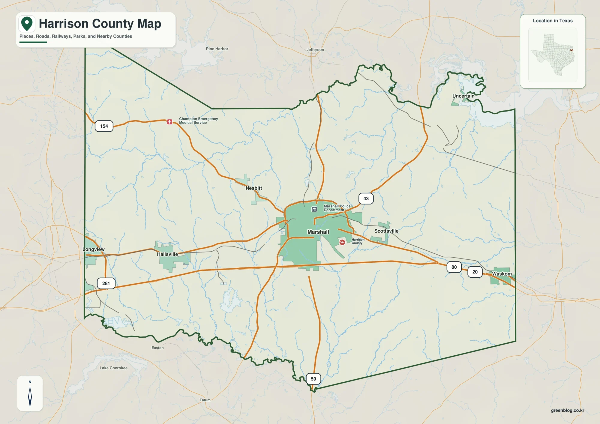 Harrison County Texas map showing Marshall and selected communities