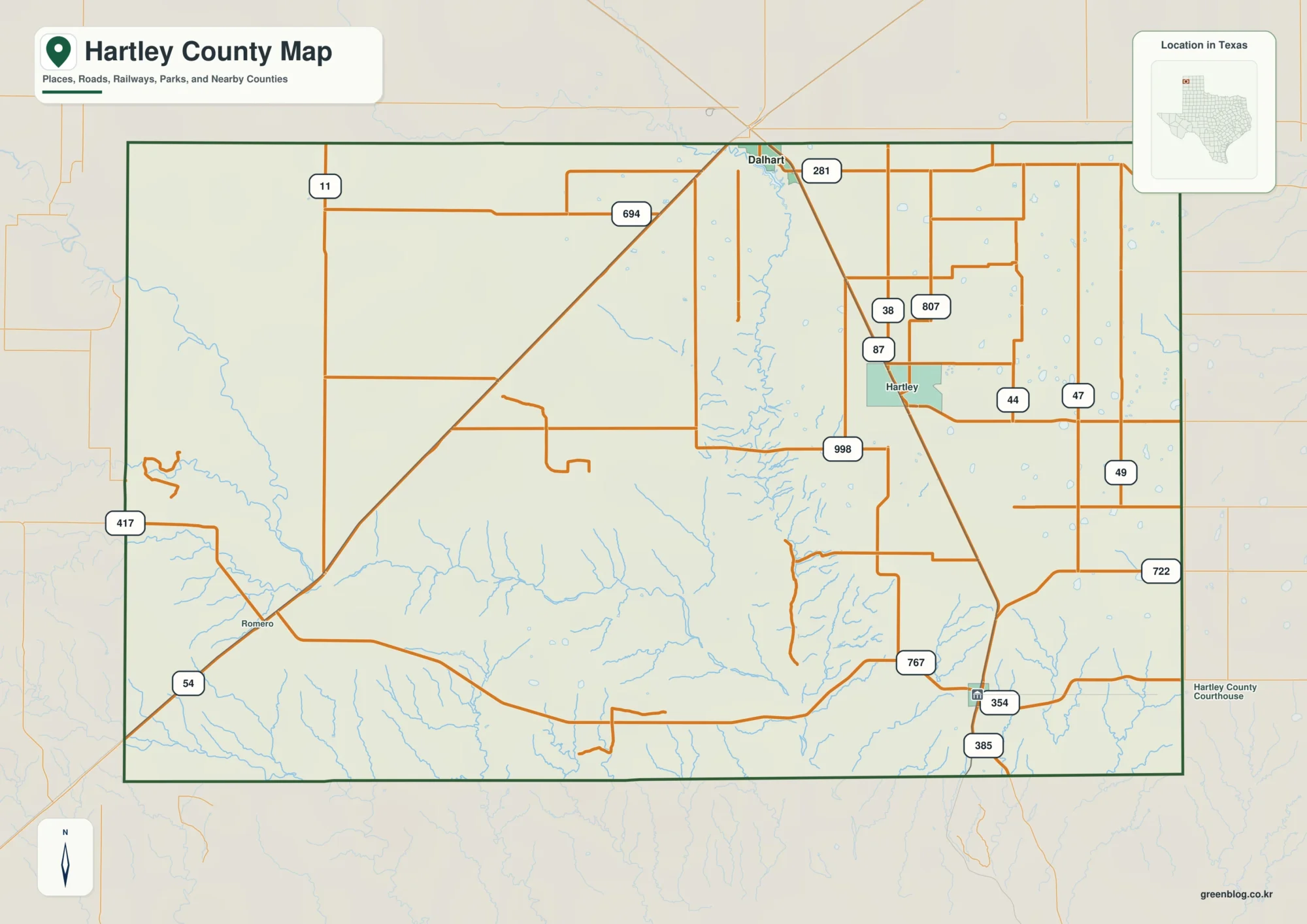 Hartley County Texas map showing Channing and selected communities