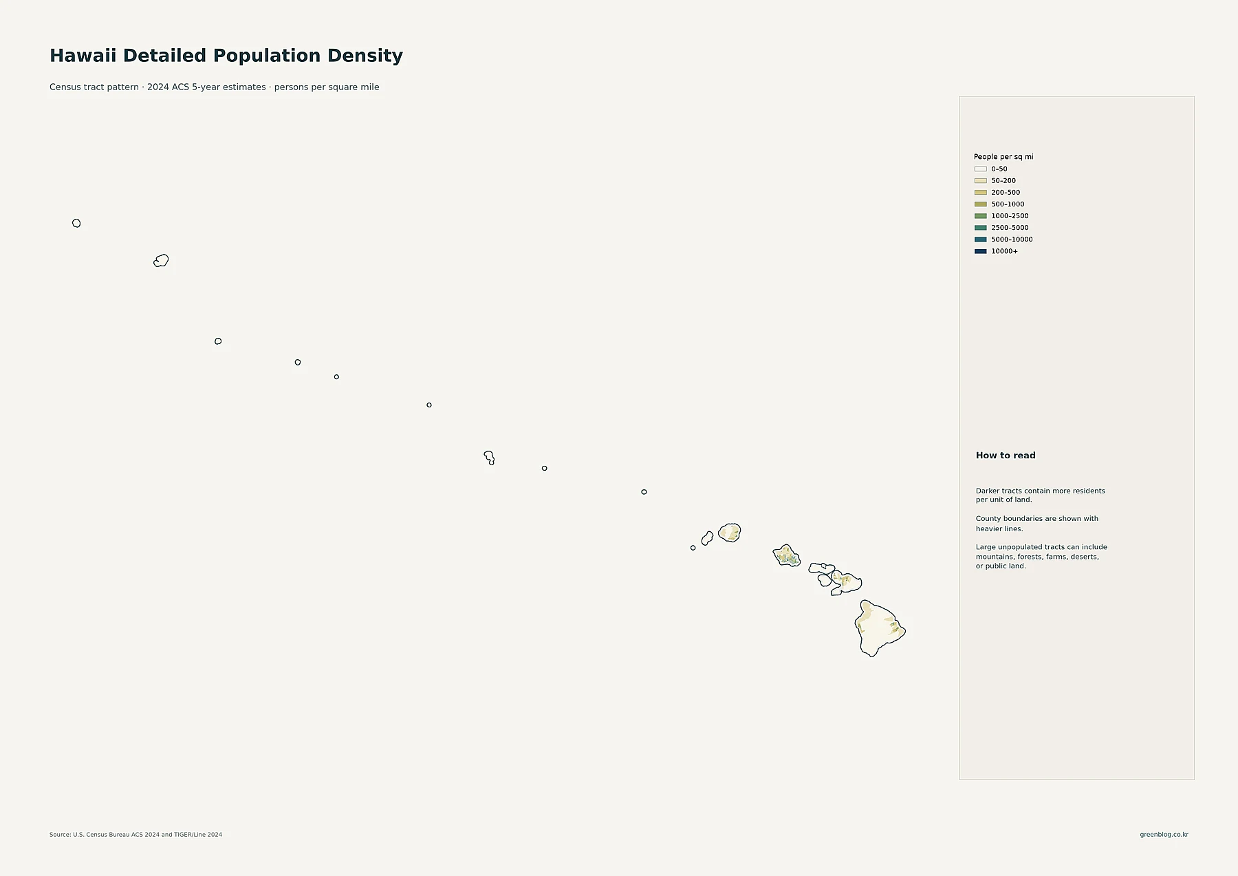 Hawaii detailed population density by census tract using 2024 ACS estimates