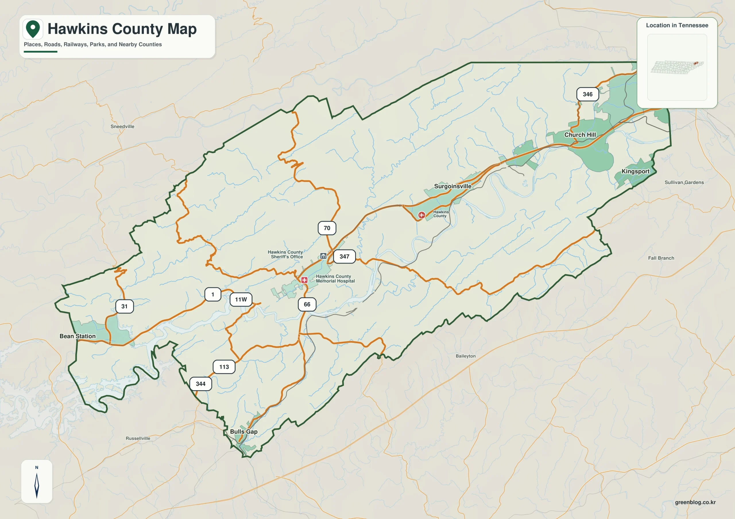 Hawkins County Tennessee map showing Rogersville, selected communities, roads, and natural features