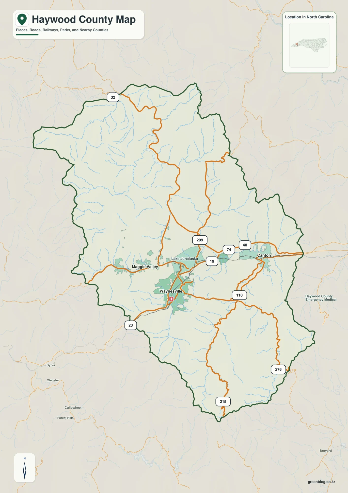 Haywood County North Carolina map showing Waynesville and Pigeon River