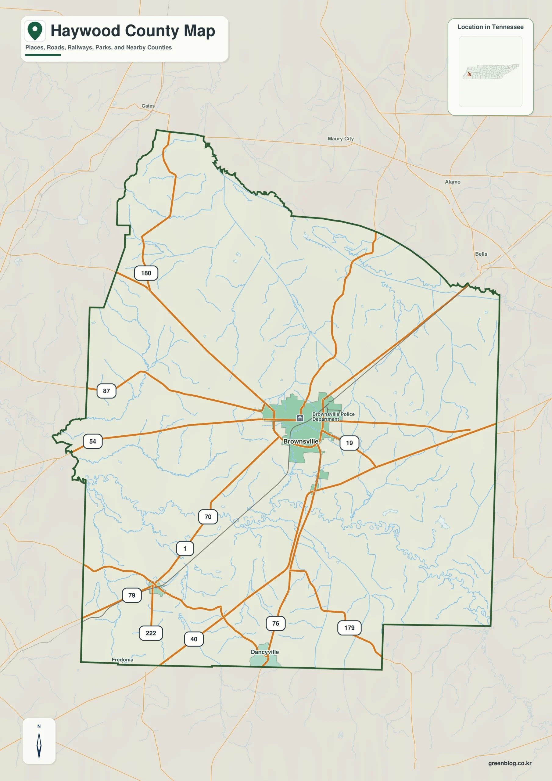Haywood County Tennessee map showing Brownsville, selected communities, roads, and natural features