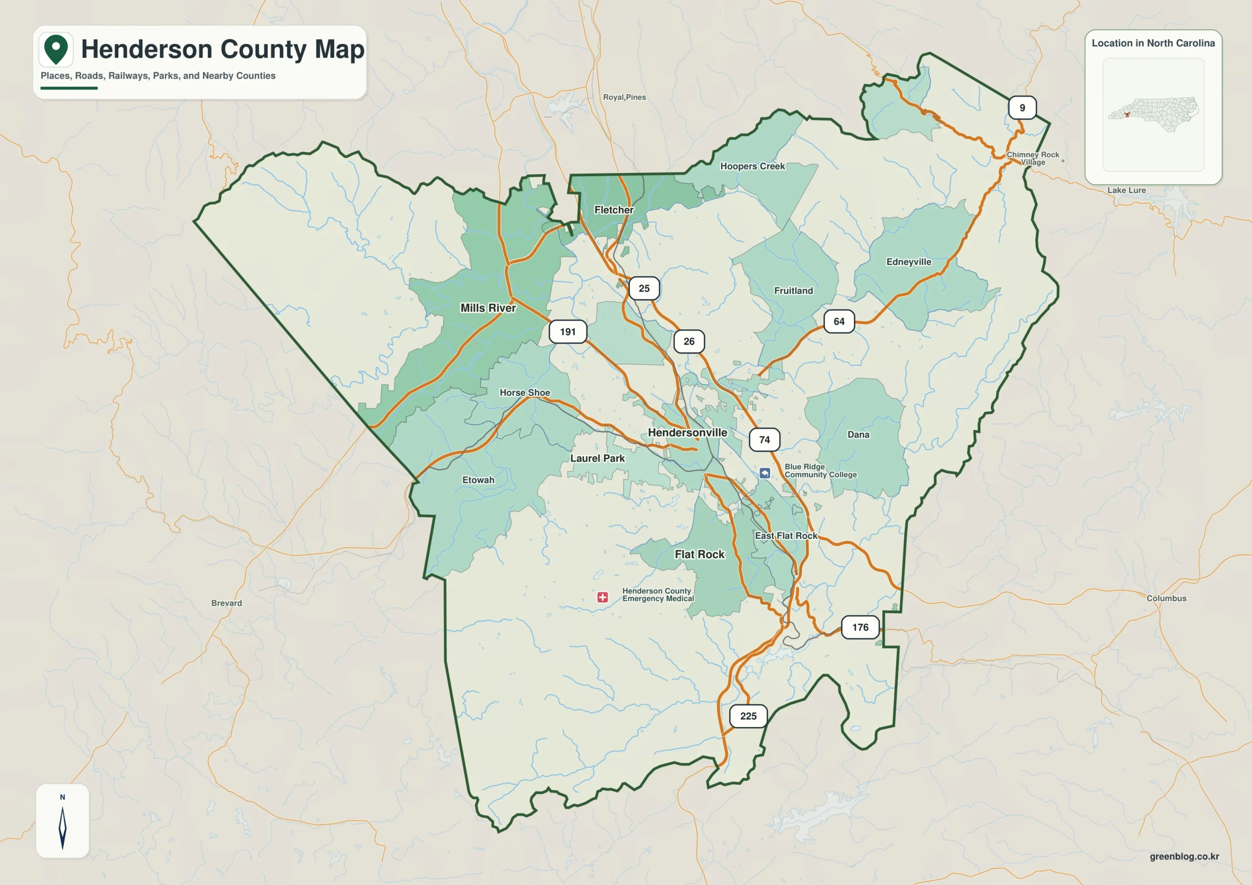 Henderson County North Carolina map showing Hendersonville and French Broad River