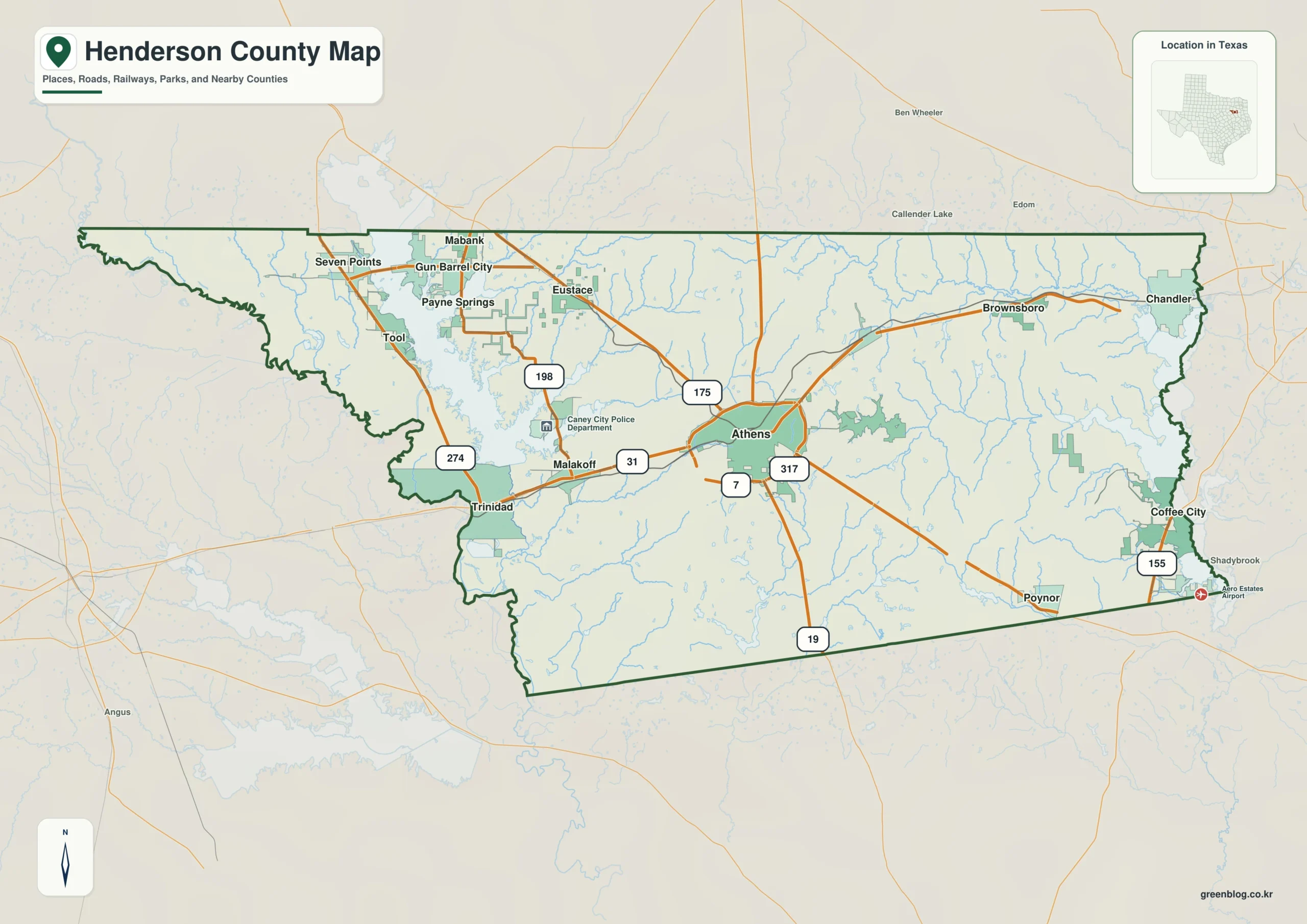 Henderson County Texas map showing Athens and selected communities