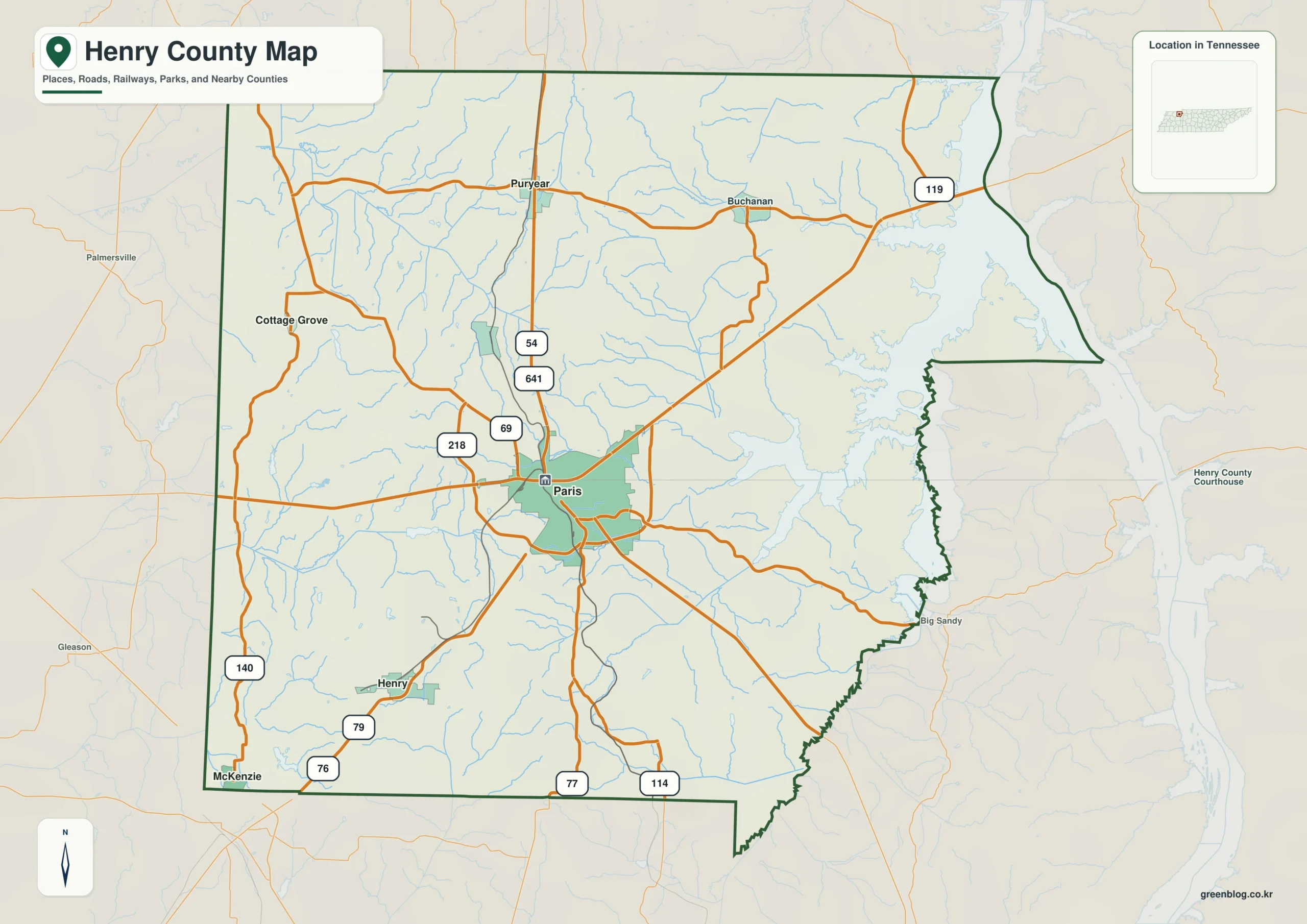 Henry County Tennessee map showing Paris, selected communities, roads, and natural features