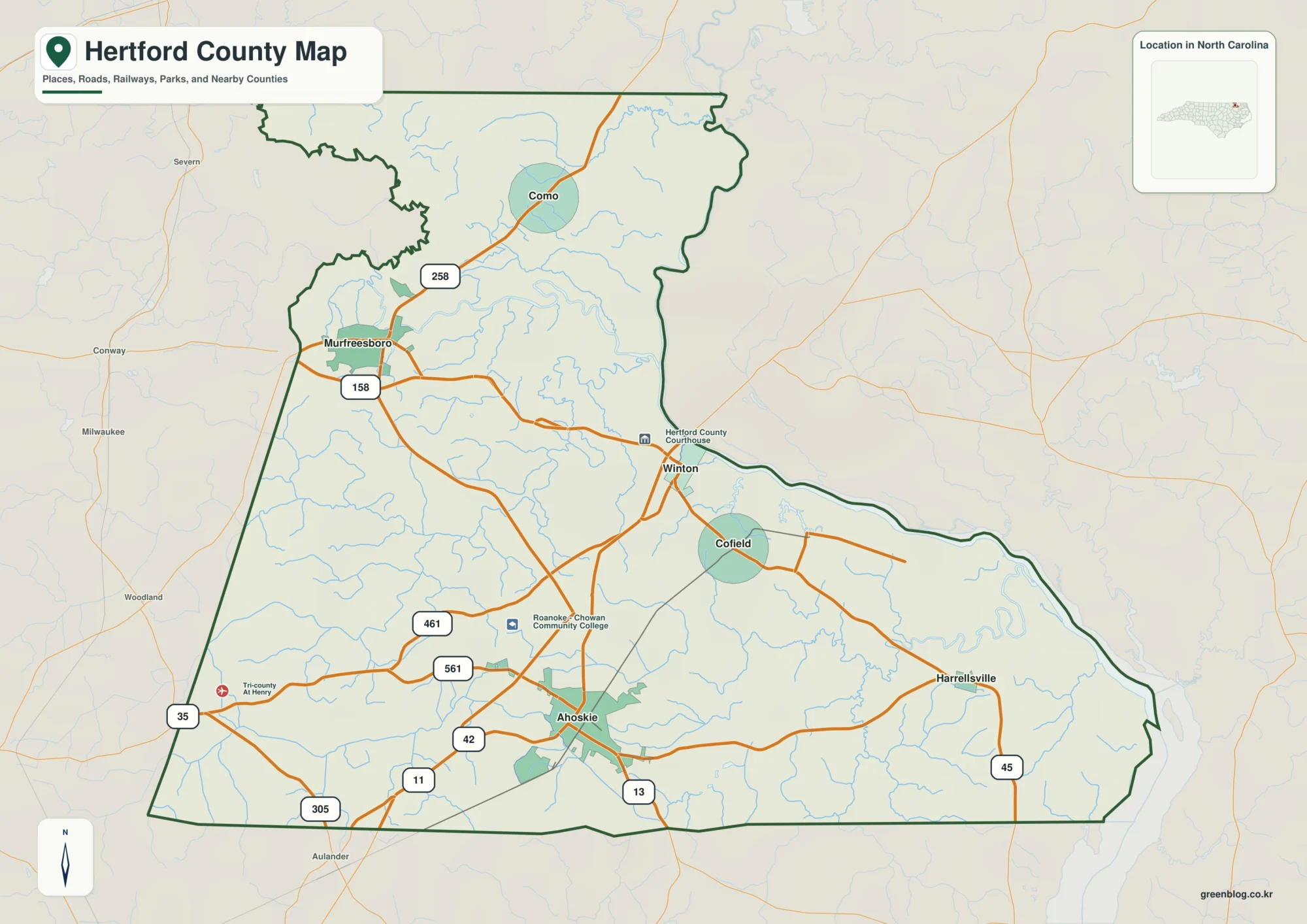 Hertford County North Carolina map showing Winton and Chowan River