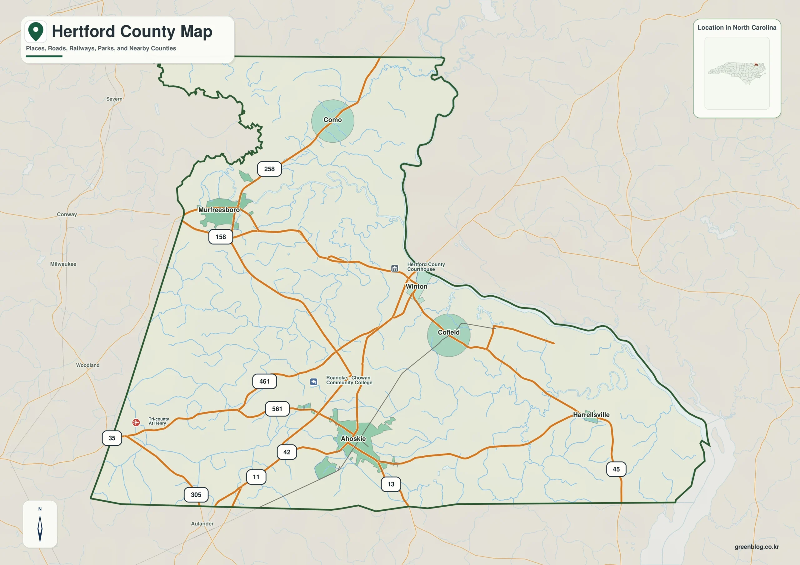 Hertford County North Carolina map showing Winton and Chowan River