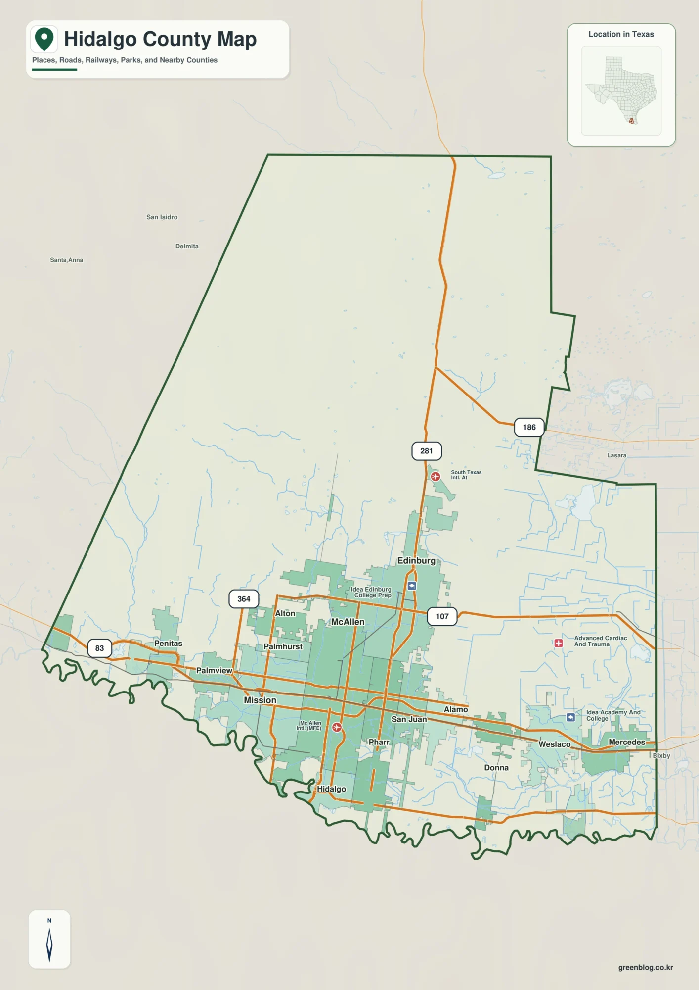 Hidalgo County Texas map showing Edinburg and selected communities
