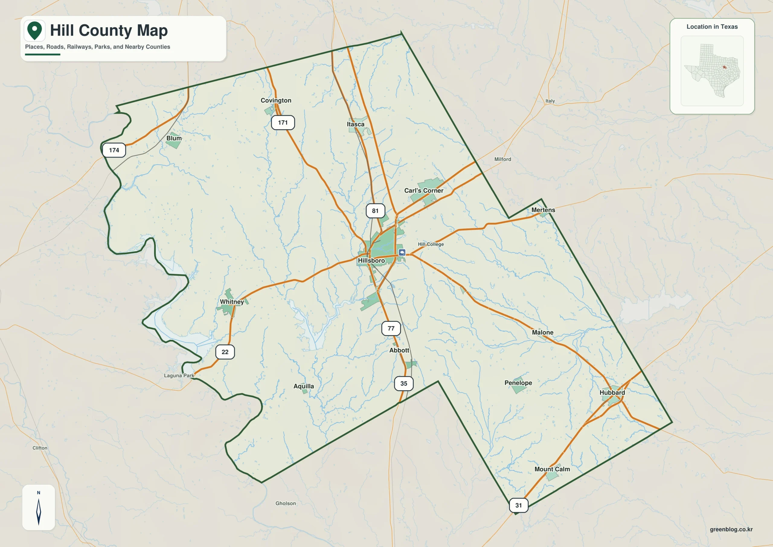 Hill County Texas map showing Hillsboro and selected communities